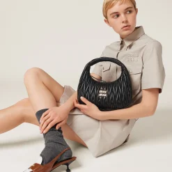 Black Wander Matelassé Nappa Leather Hobo Bag | Miu Miu