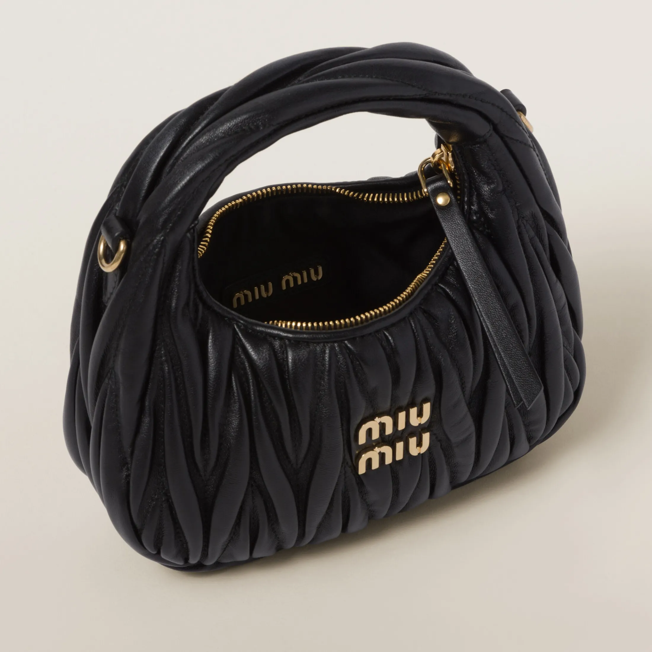 Black Wander Matelassé Nappa Leather Hobo Mini-bag | Miu Miu