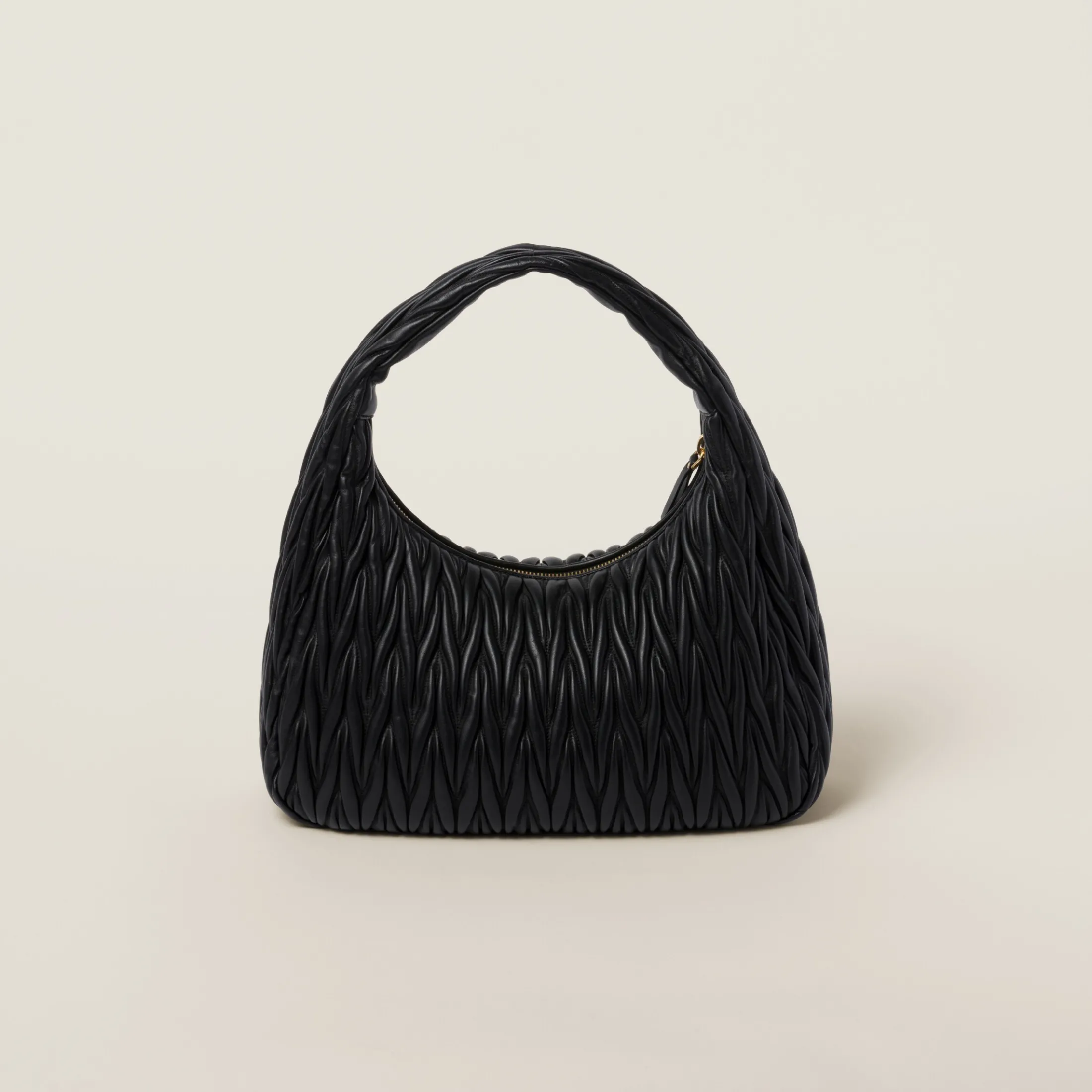 Black Wander Matelassé Nappa Leather Hobo Bag | Miu Miu