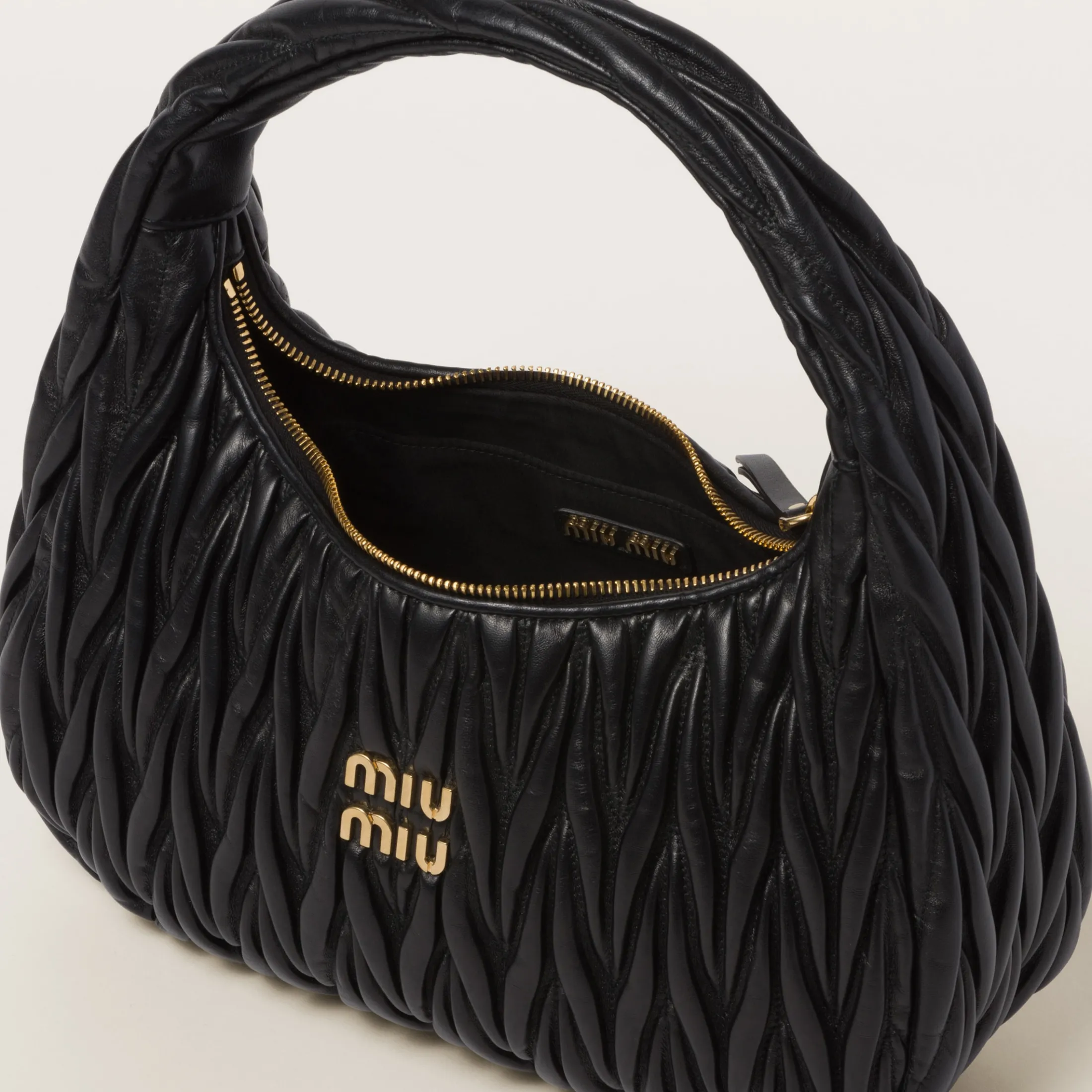 Black Wander Matelassé Nappa Leather Hobo Bag | Miu Miu