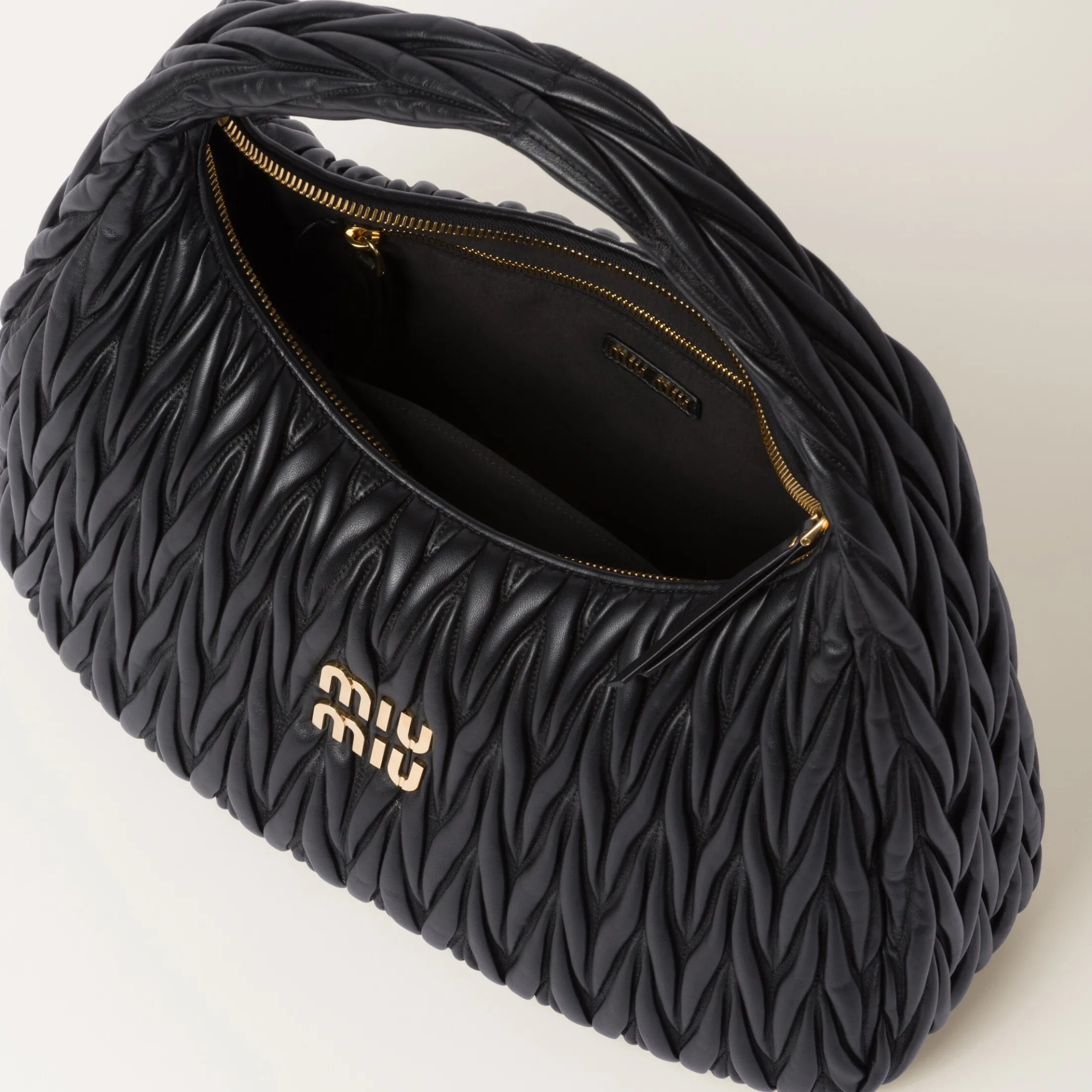 Black Wander Matelassé Nappa Leather Hobo Bag | Miu Miu