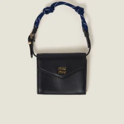 Black/baltic Blue Leather Wallet With Leather And Cord Shoulder Strap | Miu Miu
