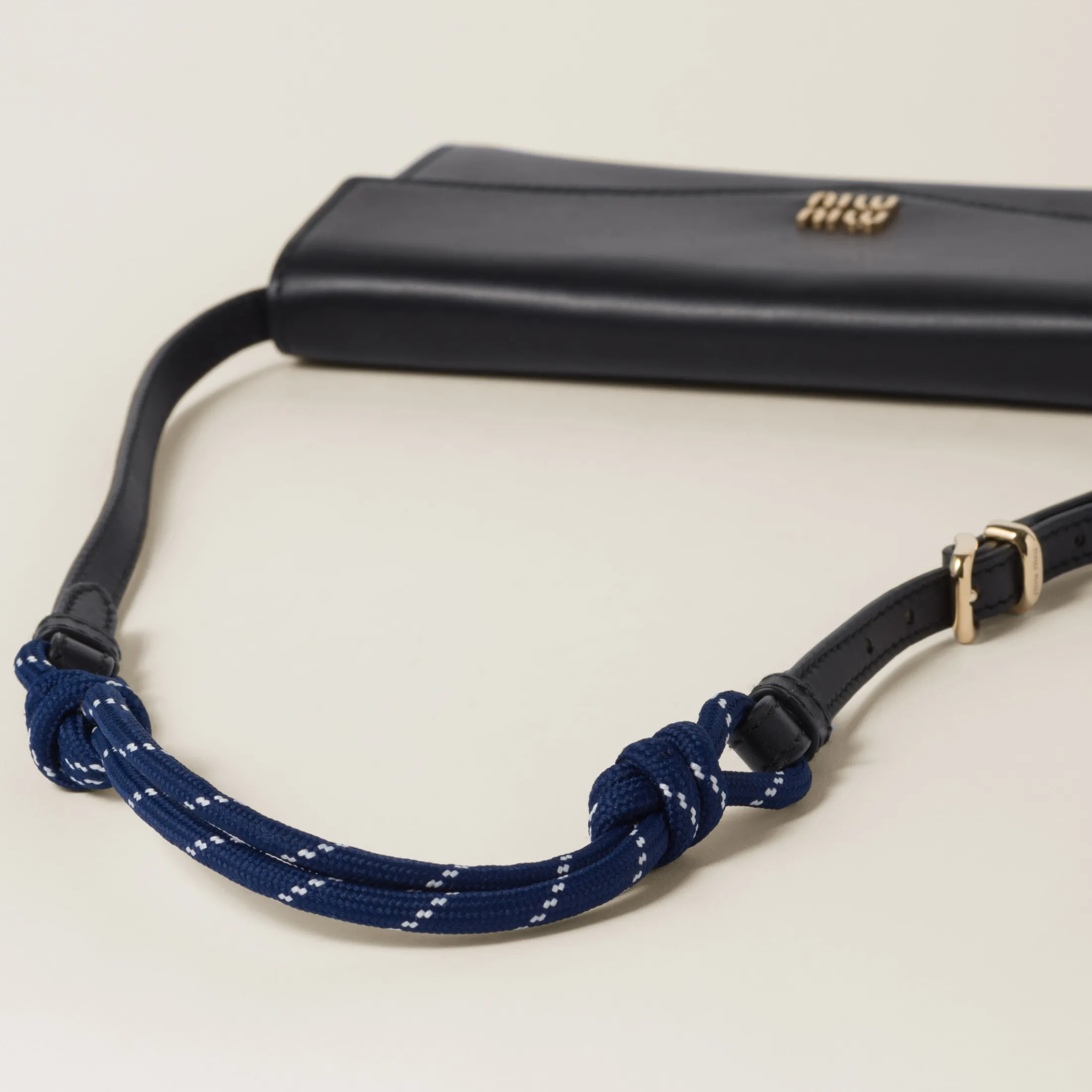 Black/baltic Blue Leather Wallet With Leather And Cord Shoulder Strap | Miu Miu