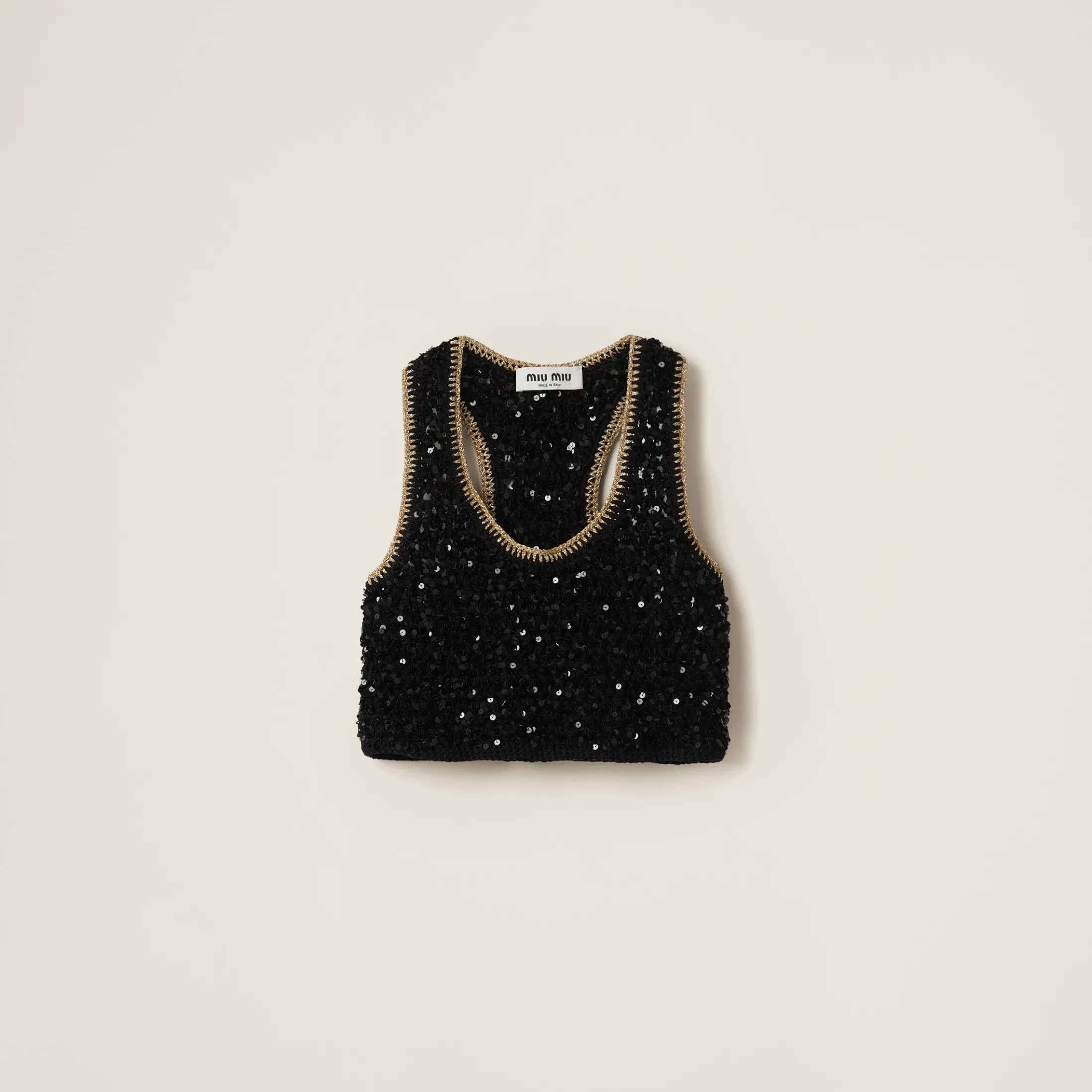 Black/gold Sequined Cotton Crochet Top | Miu Miu