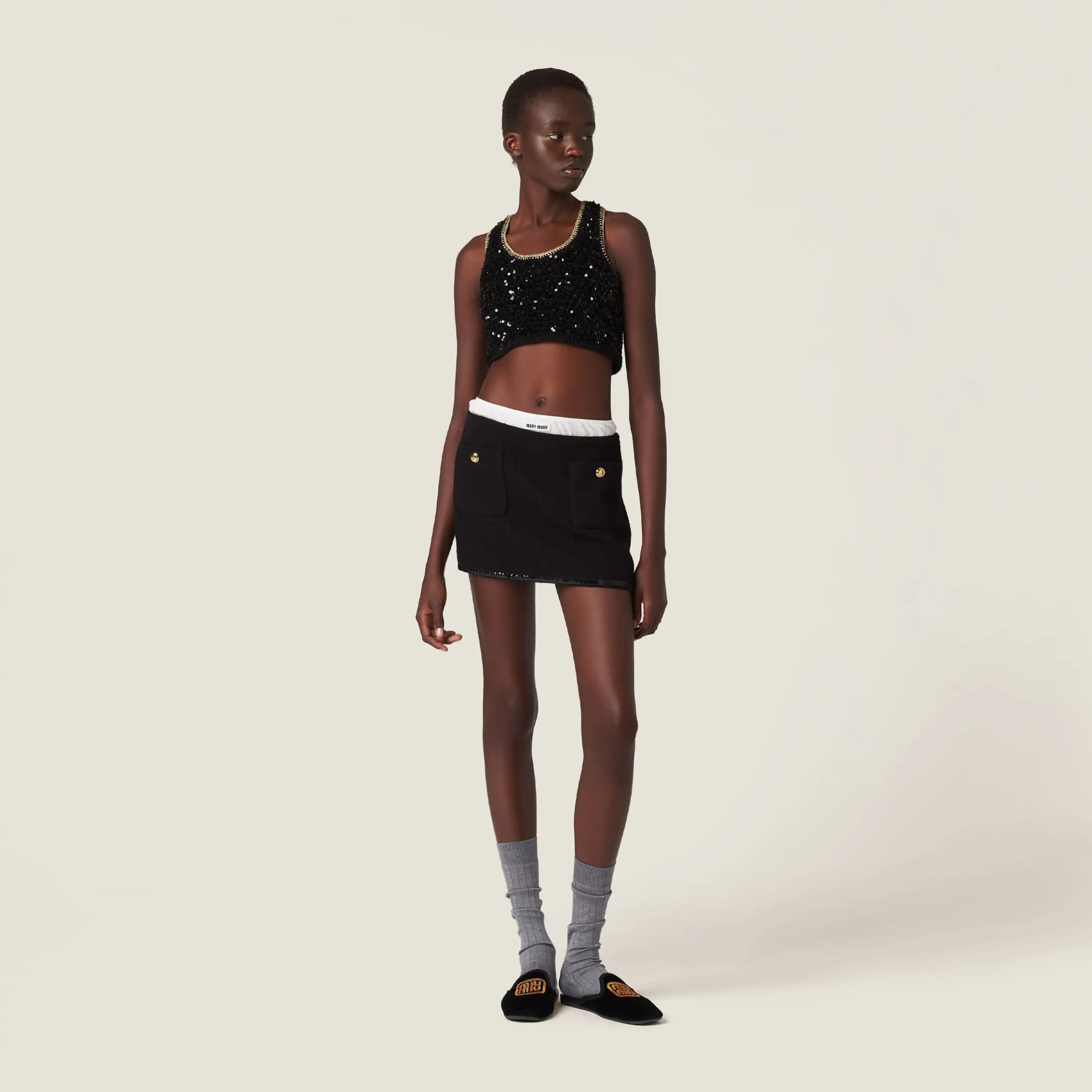 Black/gold Sequined Cotton Crochet Top | Miu Miu