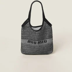 Black/tan Woven Fabric And Linen Mini-tote Bag | Miu Miu