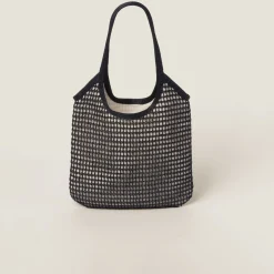 Black/tan Woven Fabric And Linen Mini-tote Bag | Miu Miu