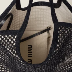 Black/tan Woven Fabric And Linen Mini-tote Bag | Miu Miu