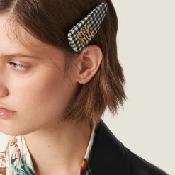 Black/white Gingham Check Wool Hair Clip | Miu Miu