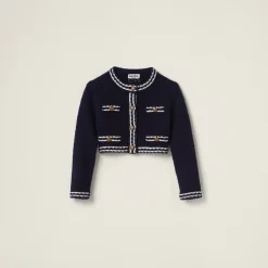 Blue/beige Cashmere And Silk Knit Cardigan | Miu Miu