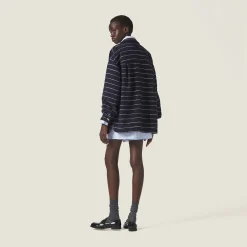Blue/ivory Striped Bouclé Blouson Jacket | Miu Miu