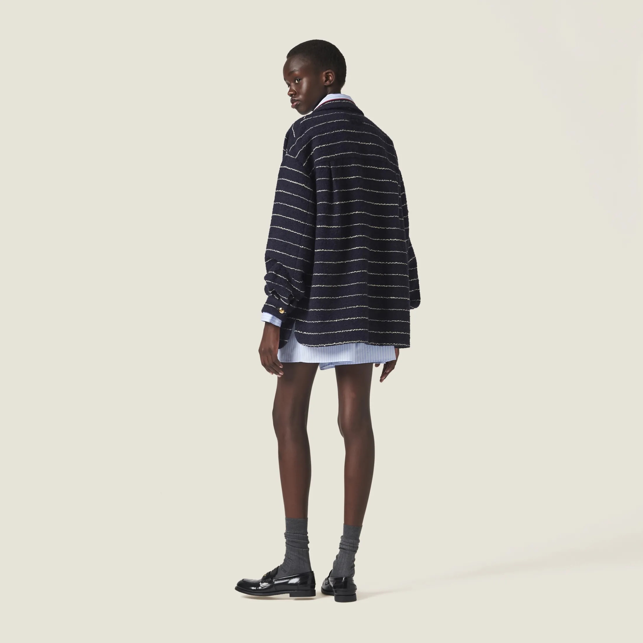 Blue/ivory Striped Bouclé Blouson Jacket | Miu Miu