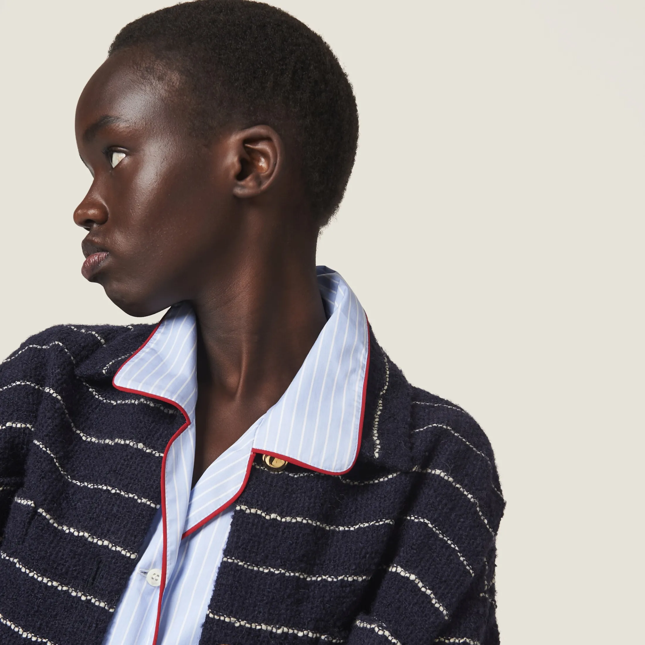 Blue/ivory Striped Bouclé Blouson Jacket | Miu Miu