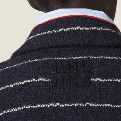 Blue/ivory Striped Bouclé Blouson Jacket | Miu Miu