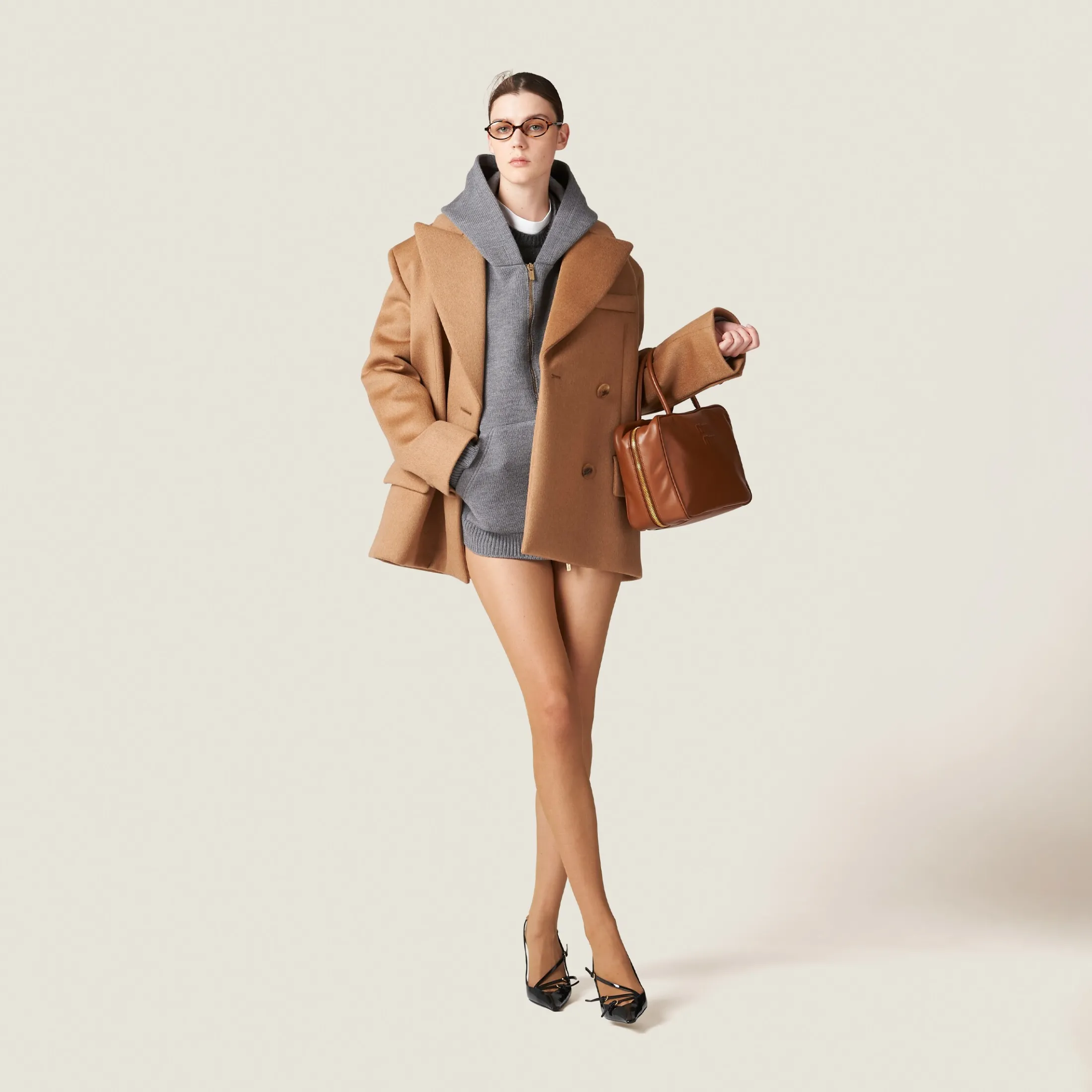 Camel Brown Double-breasted Camel Hair Jacket | Miu Miu