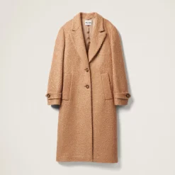 Camel Brown Padded Single-breasted Tweed Coat | Miu Miu