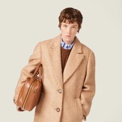 Camel Brown Padded Single-breasted Tweed Coat | Miu Miu