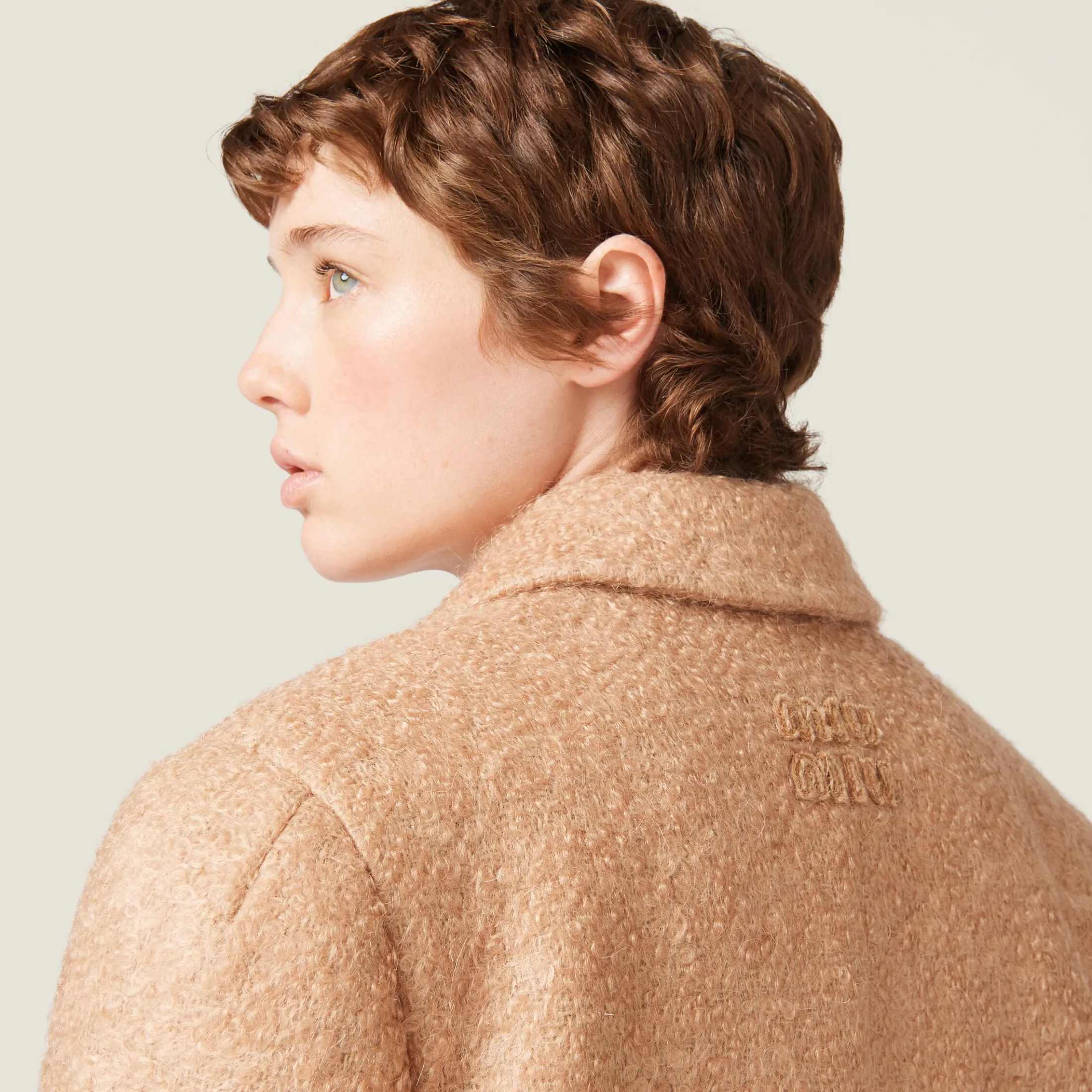 Camel Brown Padded Single-breasted Tweed Coat | Miu Miu