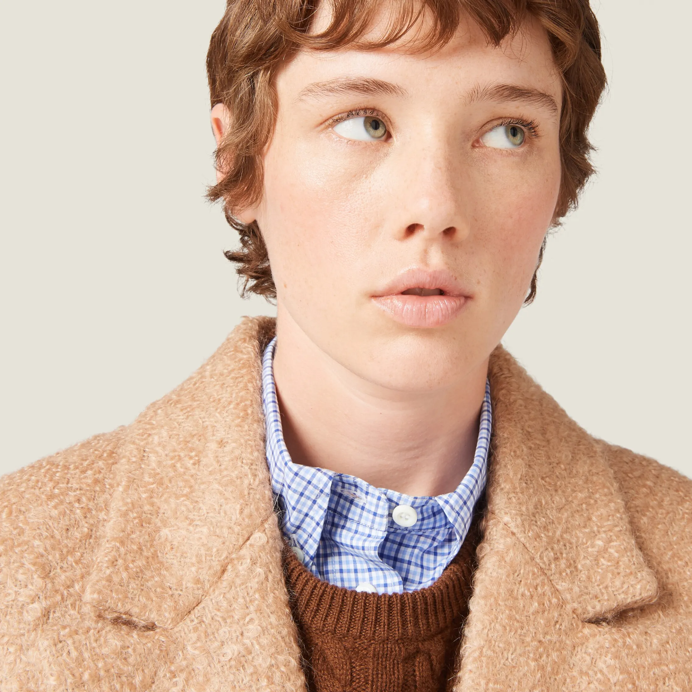 Camel Brown Padded Single-breasted Tweed Coat | Miu Miu