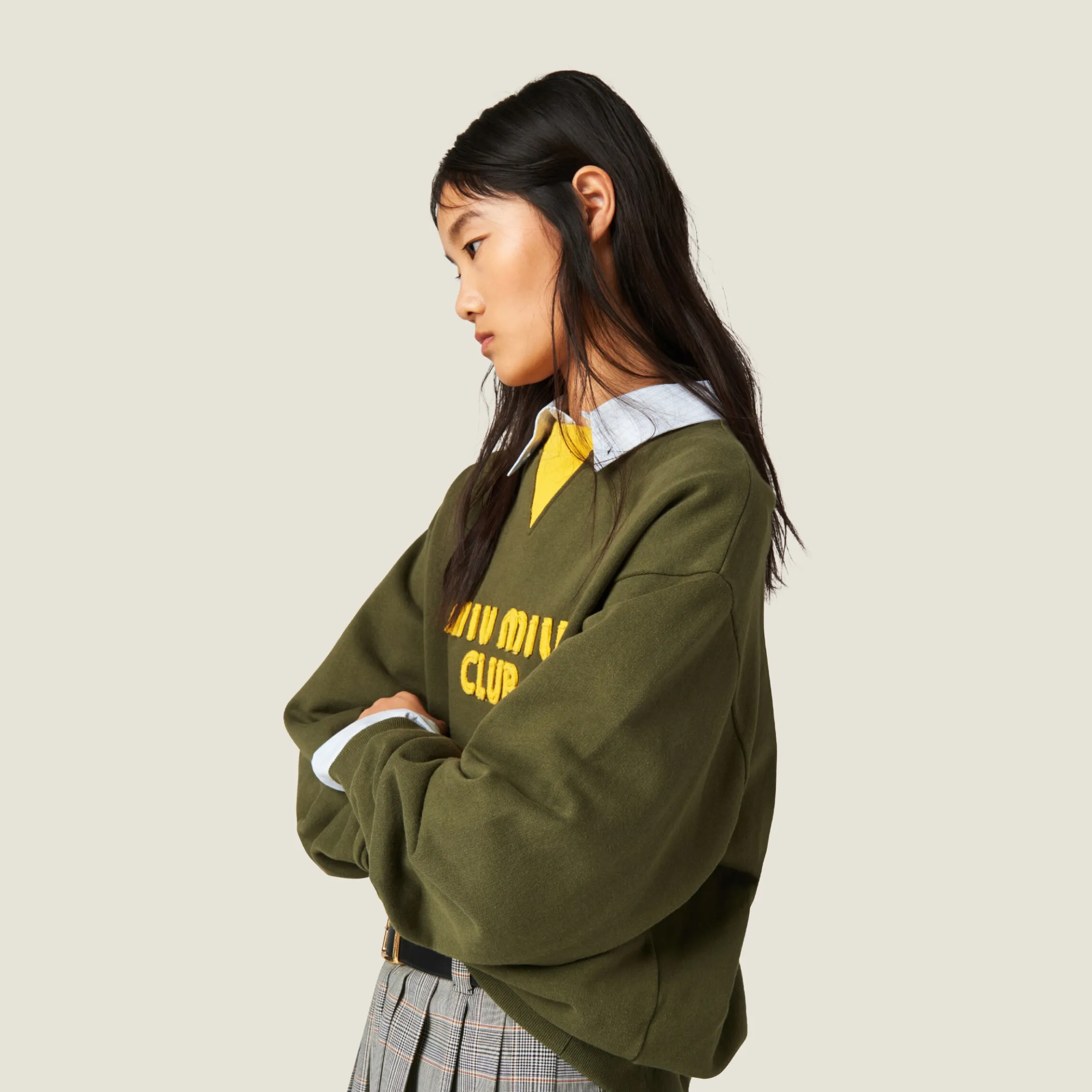 Camouflage/yellow Cotton Fleece Sweatshirt With Embroidered Logo | Miu Miu