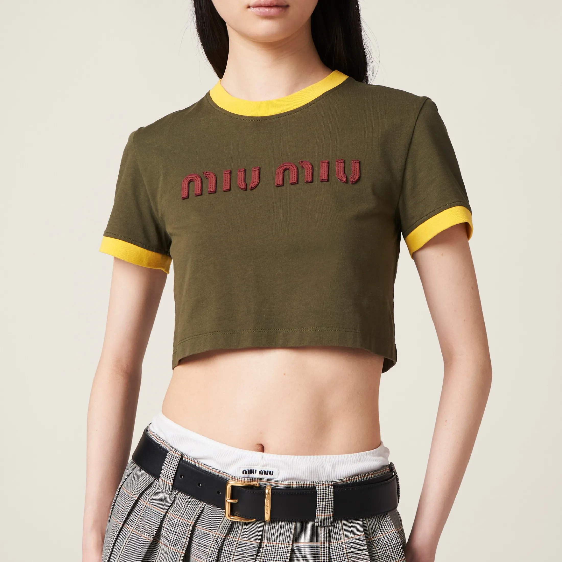 Camouflage/yellow Embroidered Cotton Jersey T-shirt | Miu Miu