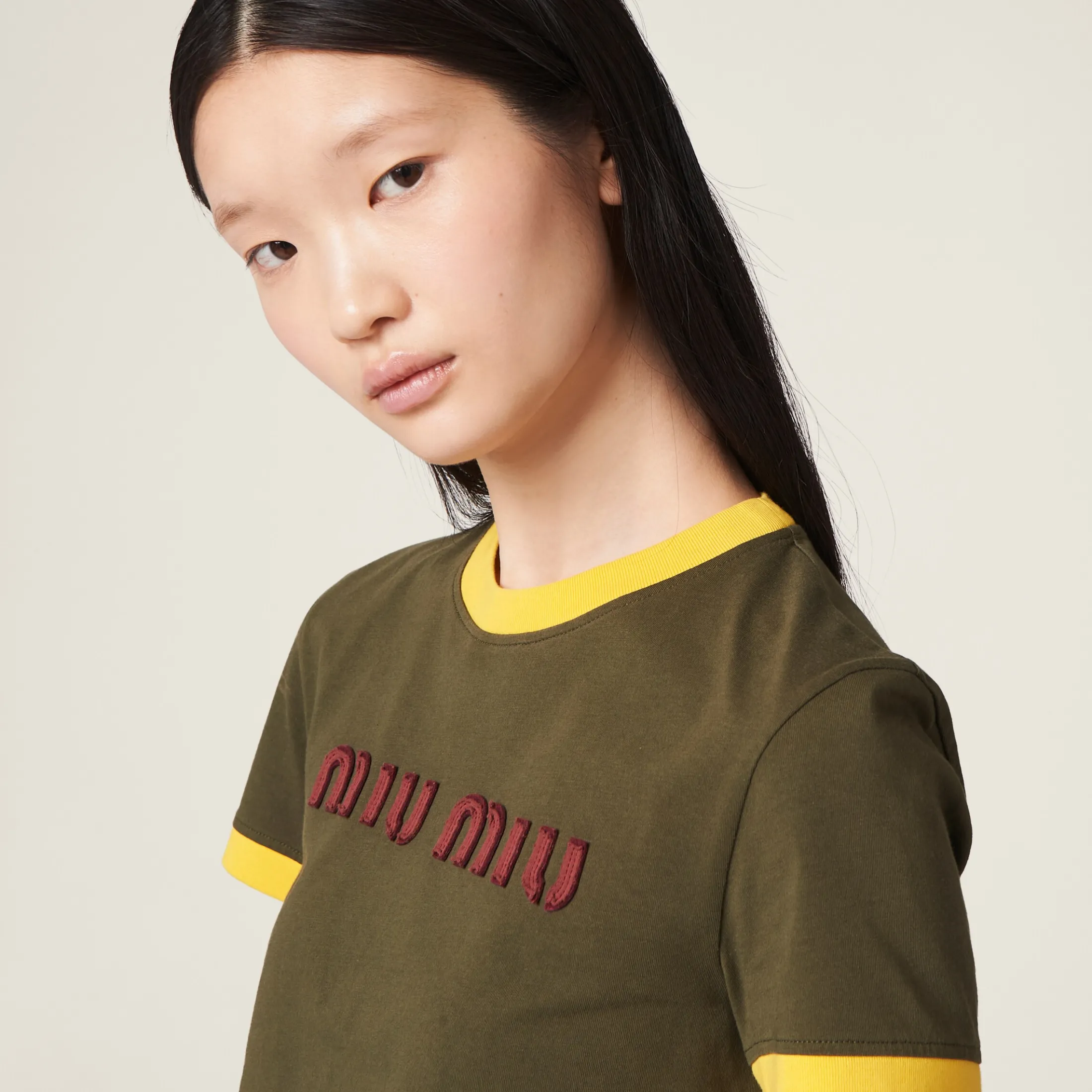 Camouflage/yellow Embroidered Cotton Jersey T-shirt | Miu Miu