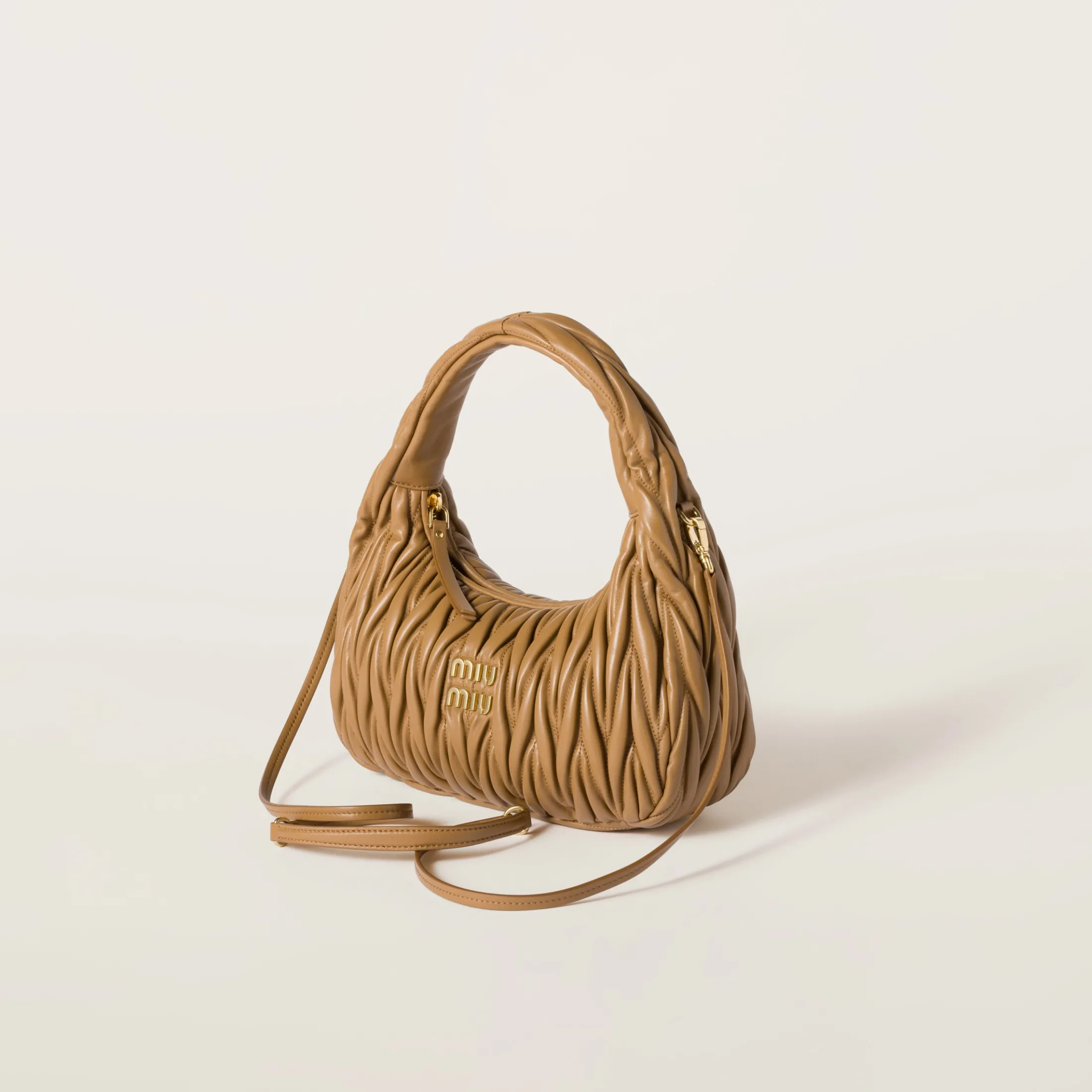 Caramel Wander Matelassé Nappa Leather Hobo Bag | Miu Miu