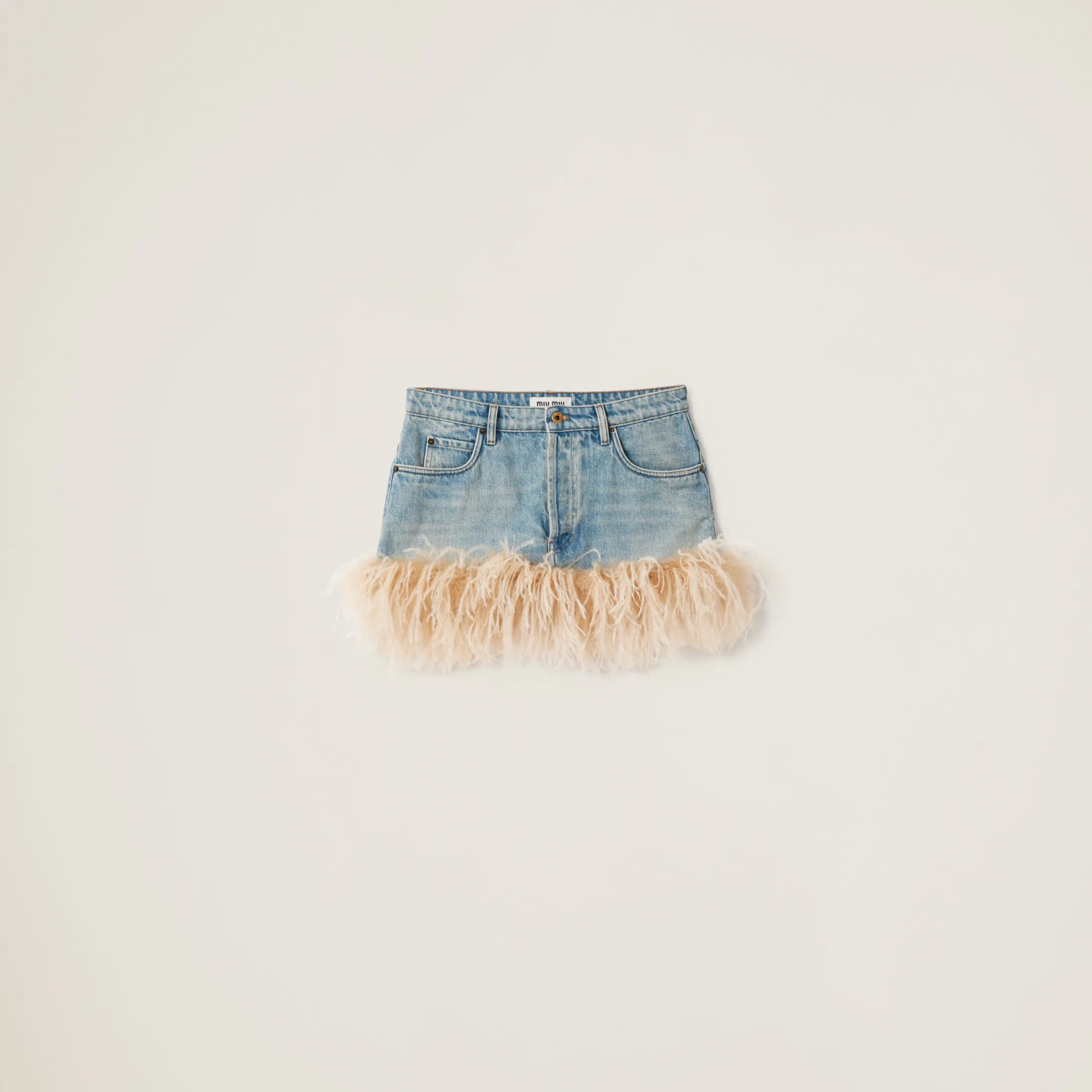 Celeste/albino White Denim Miniskirt | Miu Miu