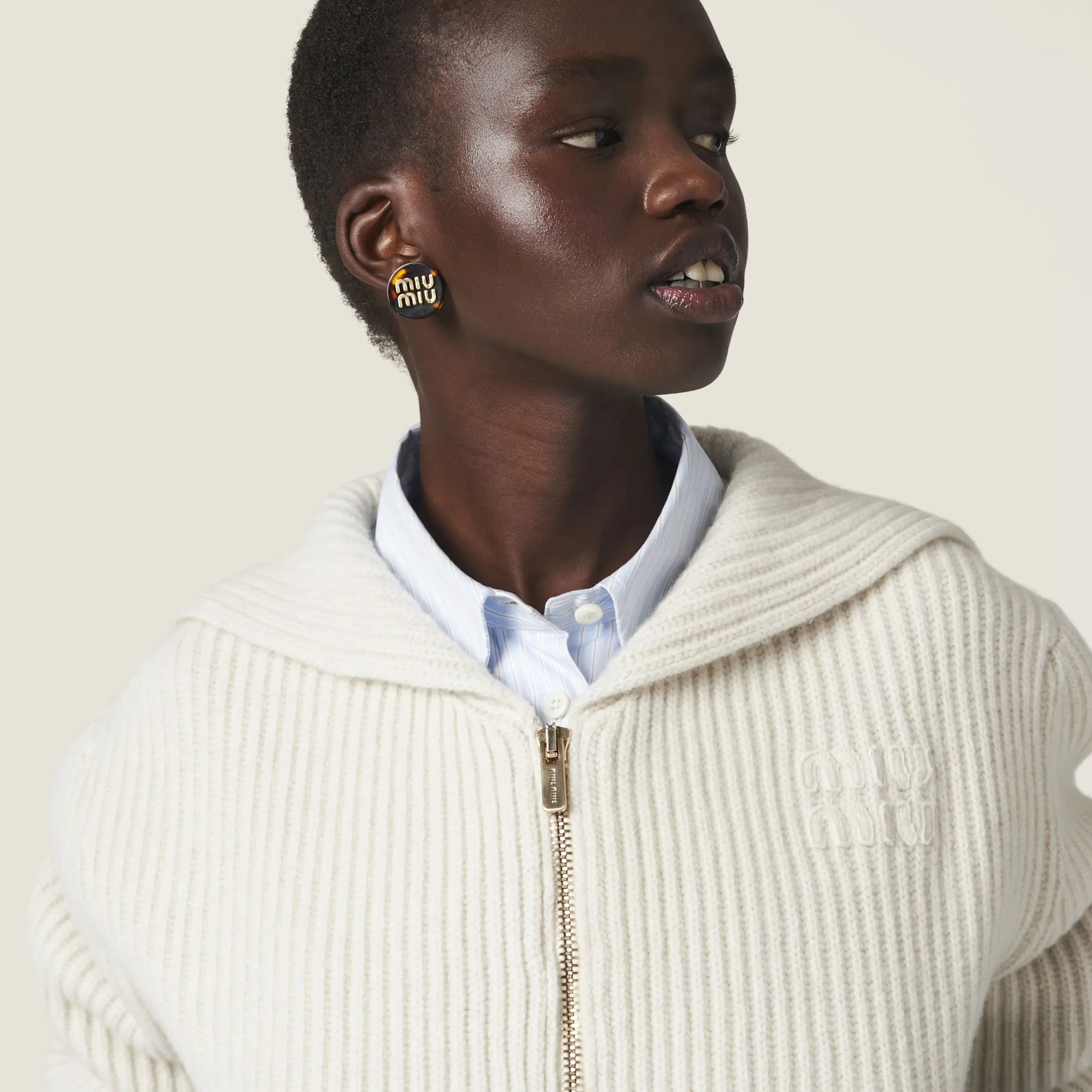 Chalk White Wool And Cashmere Knit Cardigan | Miu Miu
