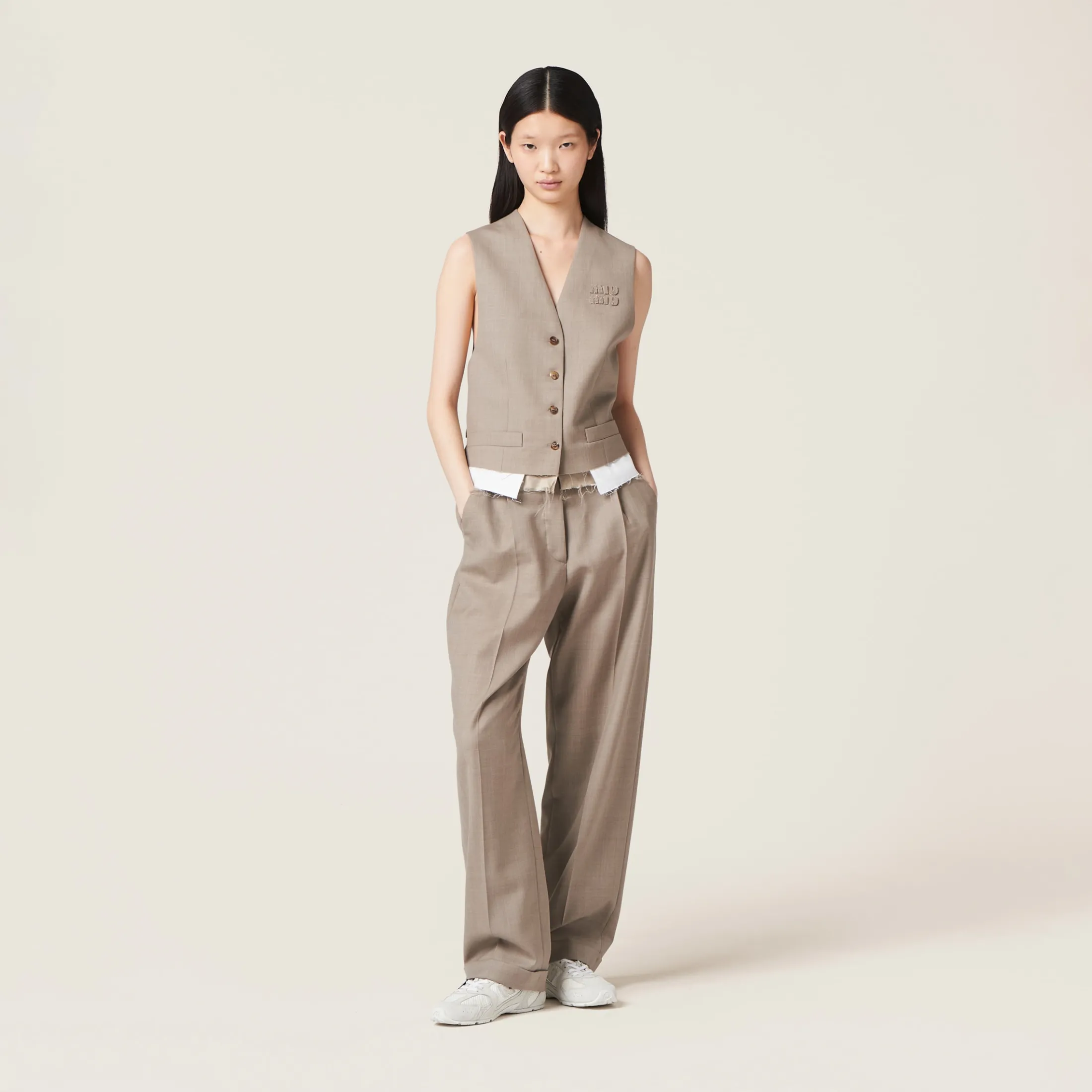 Clay Grey Single-breasted Gabardine Vest | Miu Miu