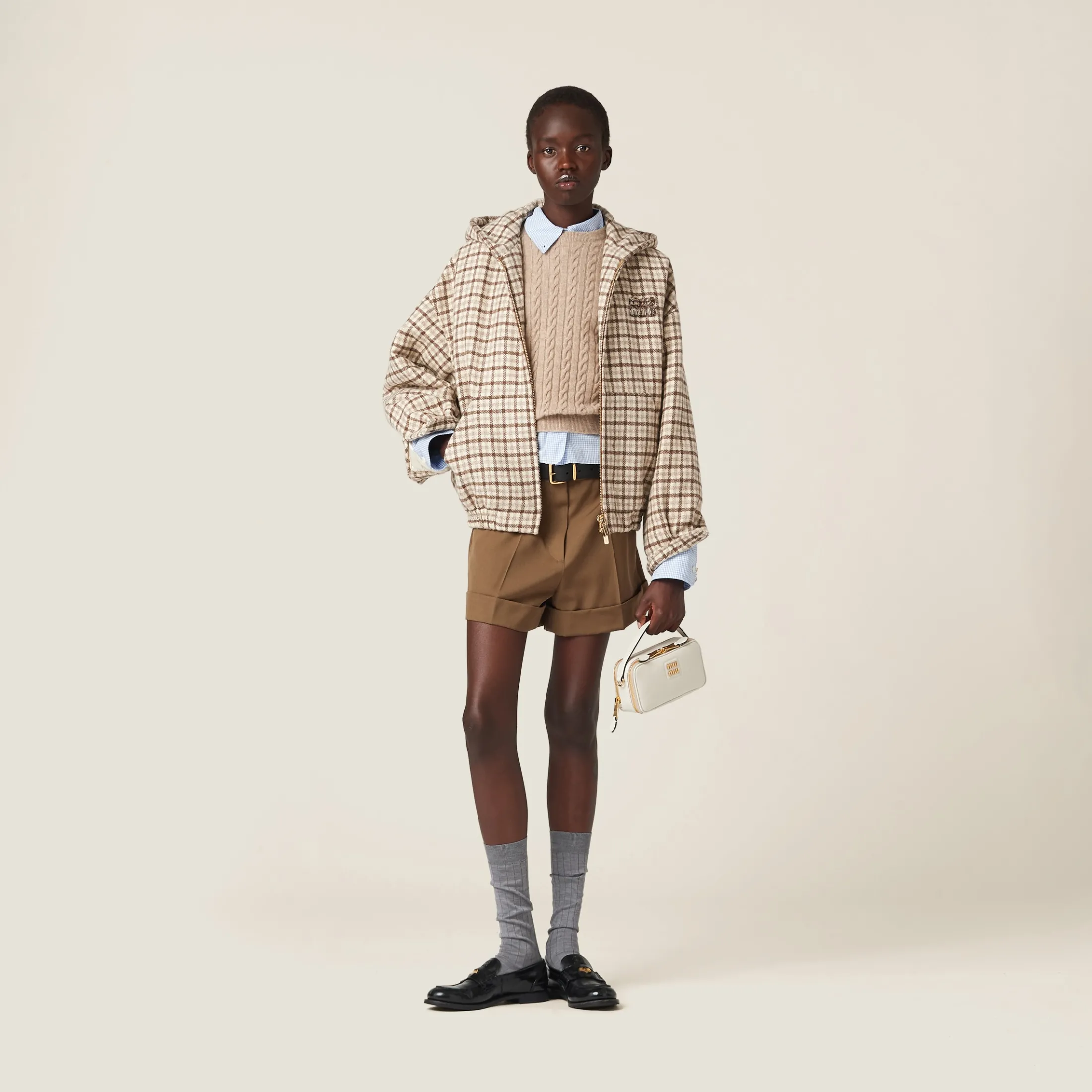 Cocoa Brown Check Blouson Jacket | Miu Miu