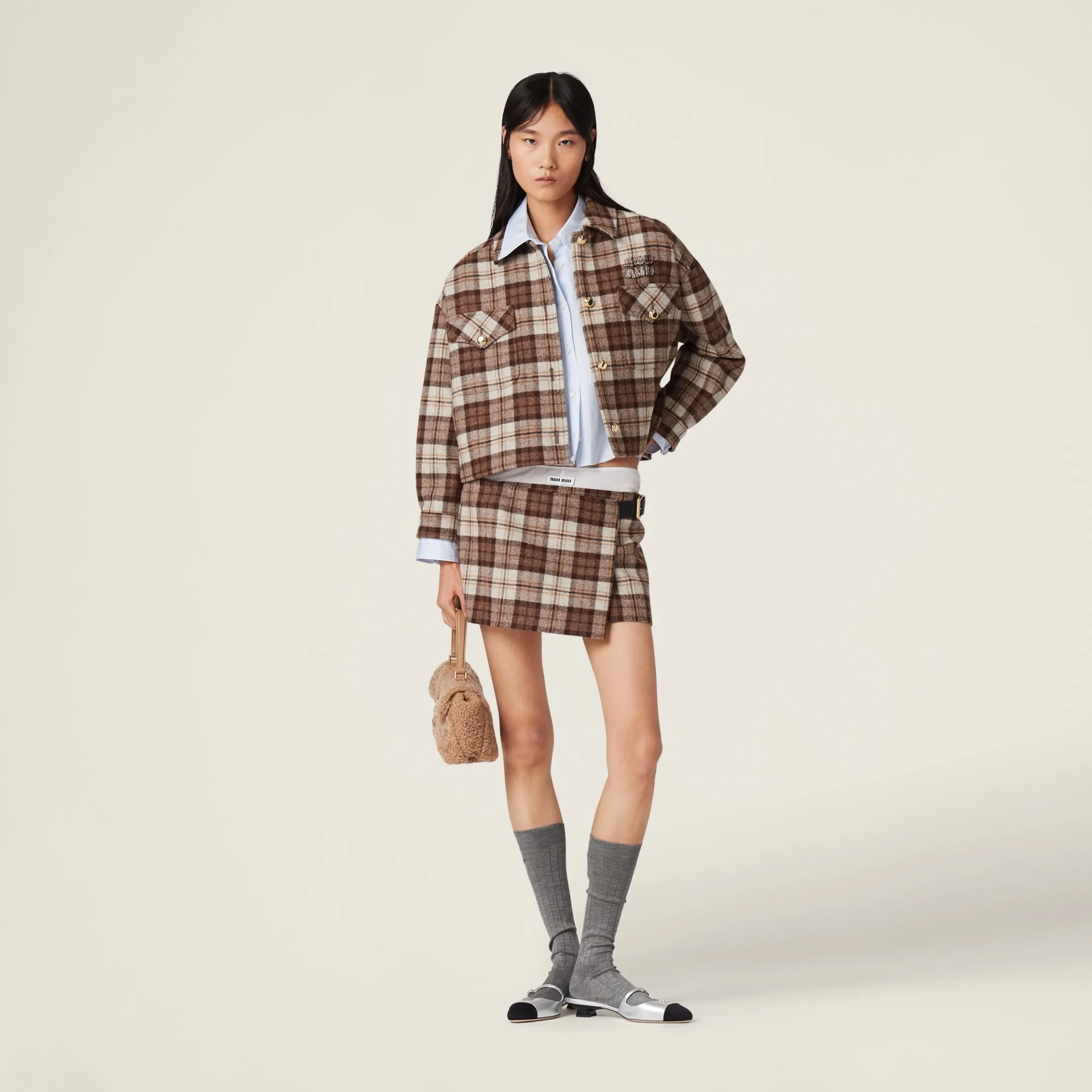 Cocoa Brown Check Blouson Jacket | Miu Miu