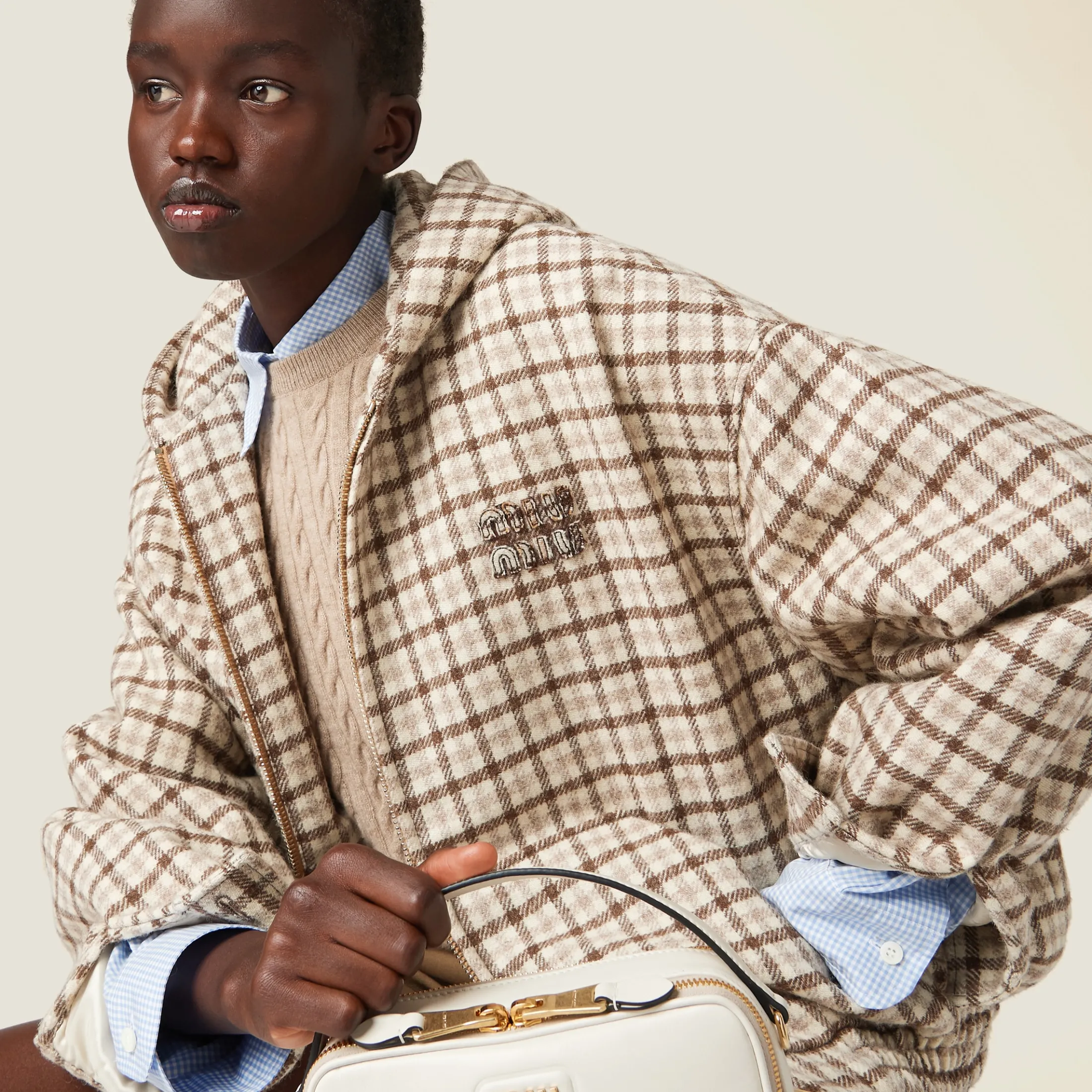 Cocoa Brown Check Blouson Jacket | Miu Miu