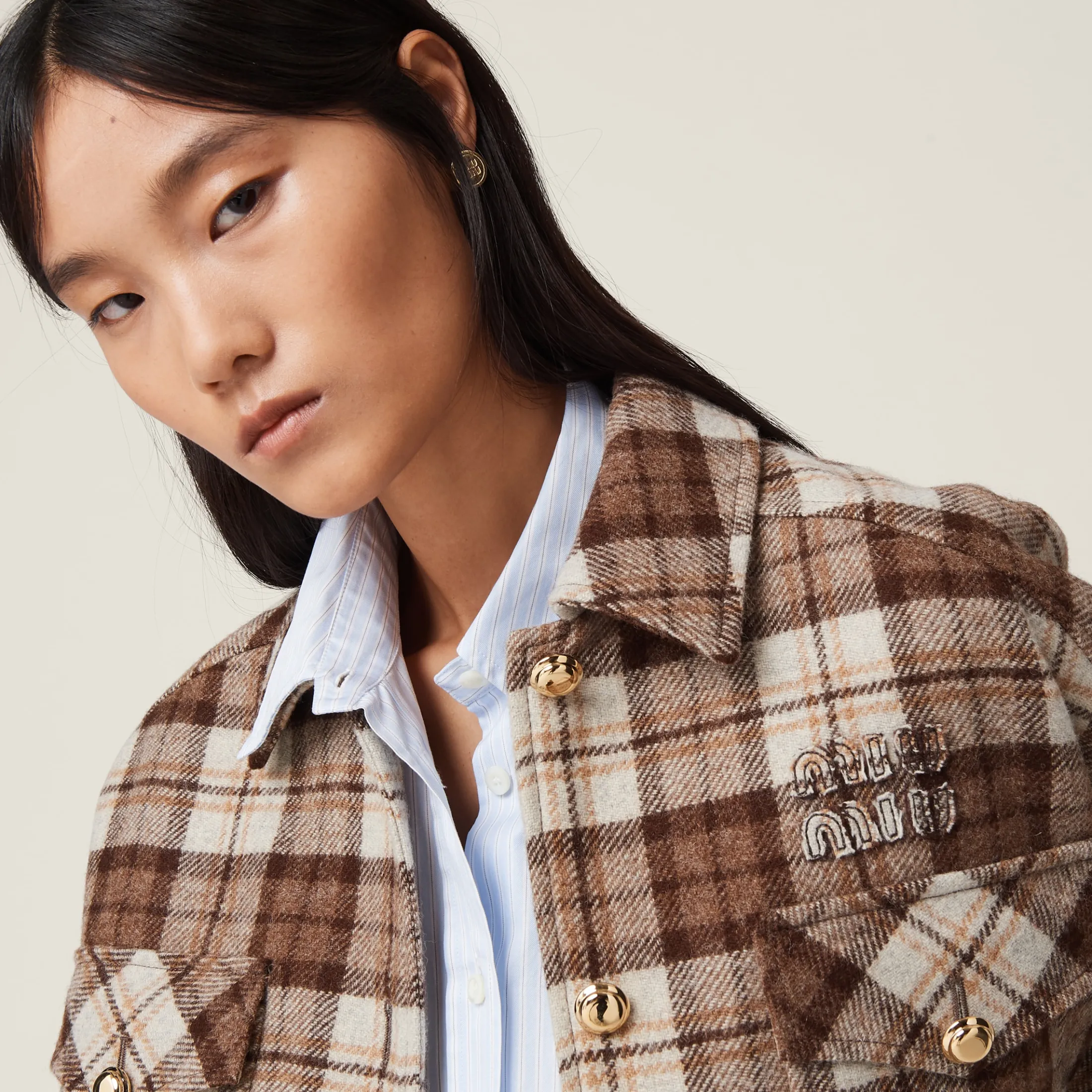Cocoa Brown Check Blouson Jacket | Miu Miu