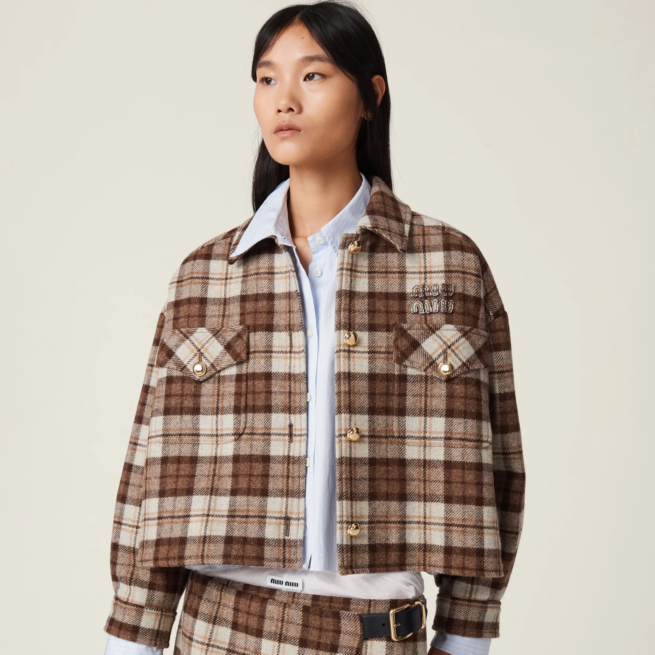 Cocoa Brown Check Blouson Jacket | Miu Miu