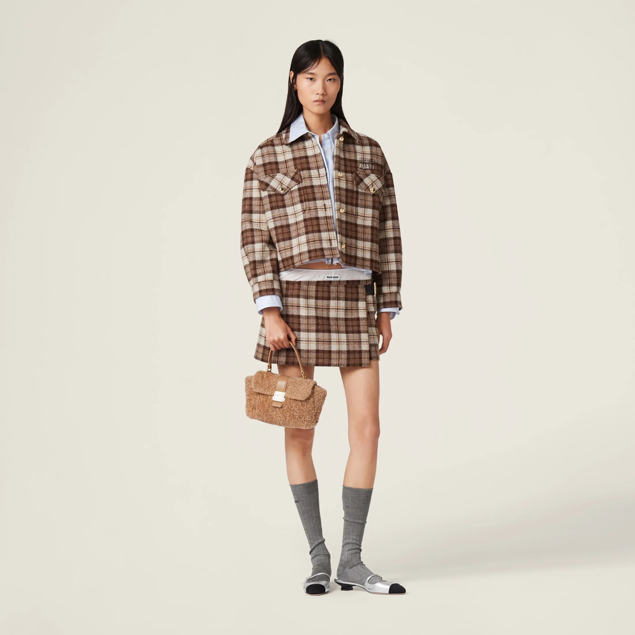 Cocoa Brown Check Miniskirt | Miu Miu