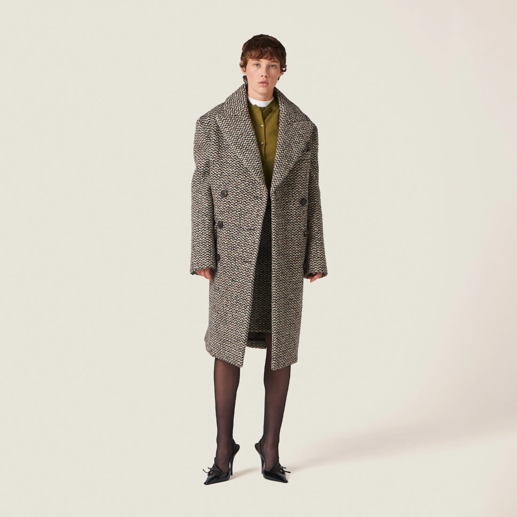 Cocoa Brown Double-breasted Bouclé Coat | Miu Miu