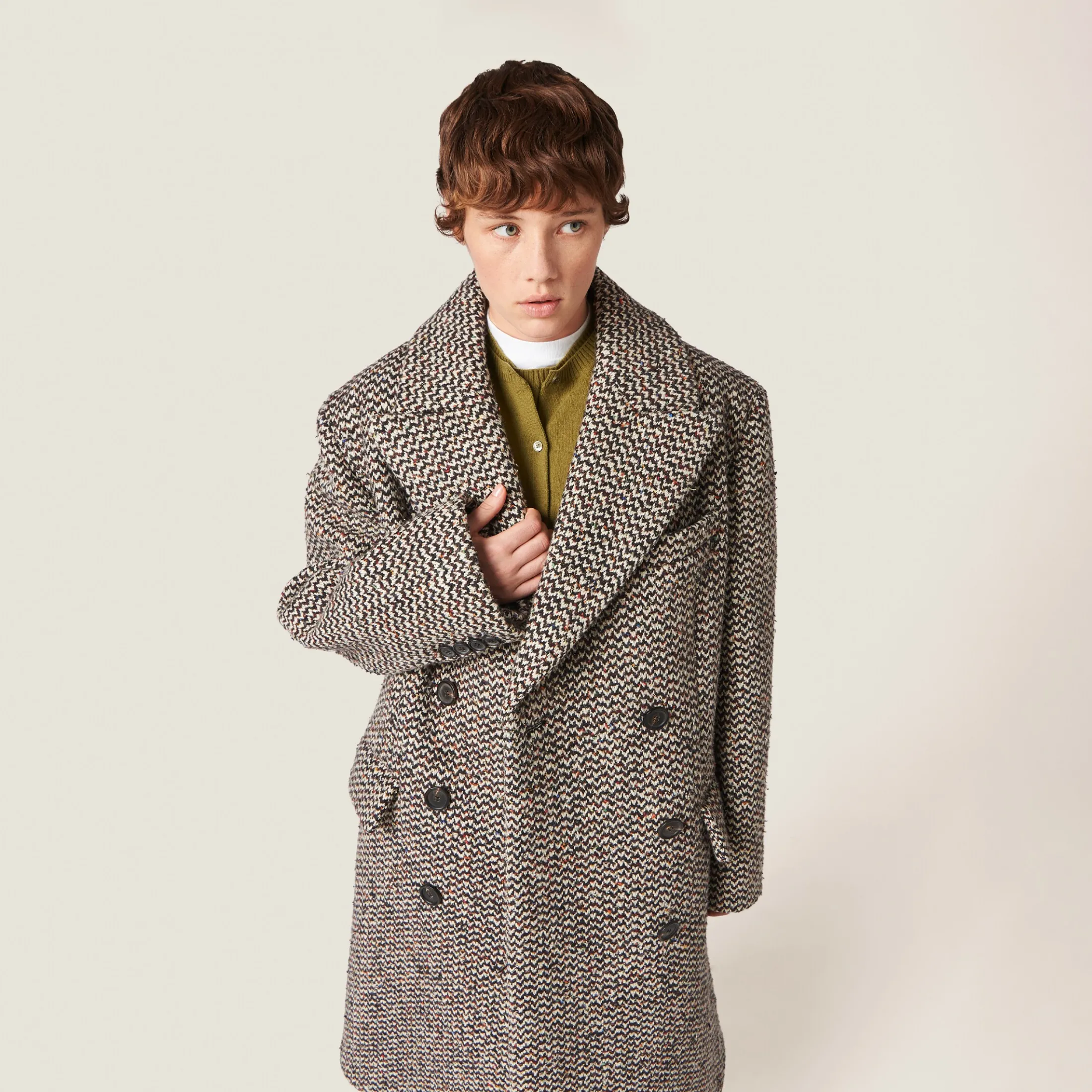 Cocoa Brown Double-breasted Bouclé Coat | Miu Miu