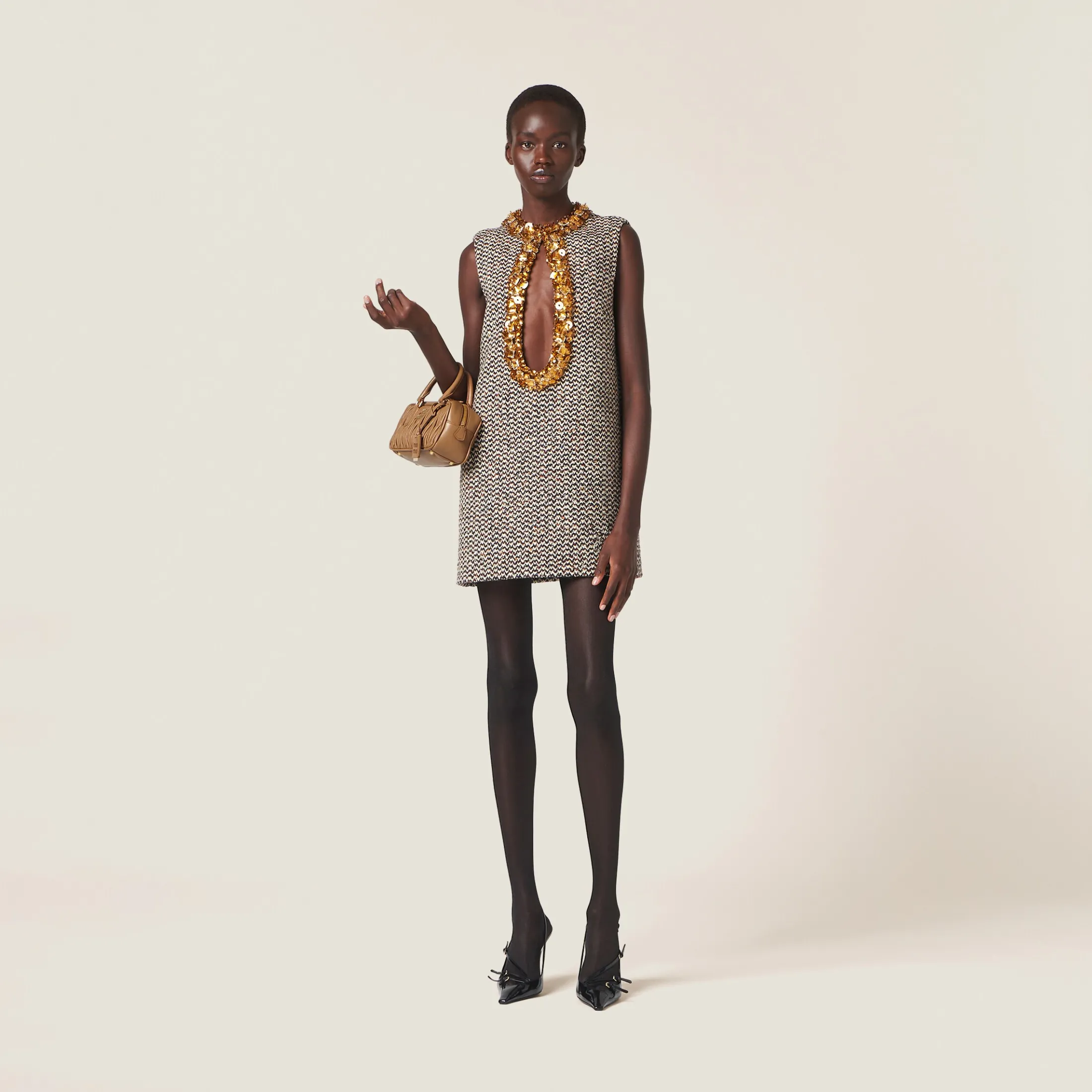 Cocoa Brown Embroidered Bouclé Mini-dress | Miu Miu
