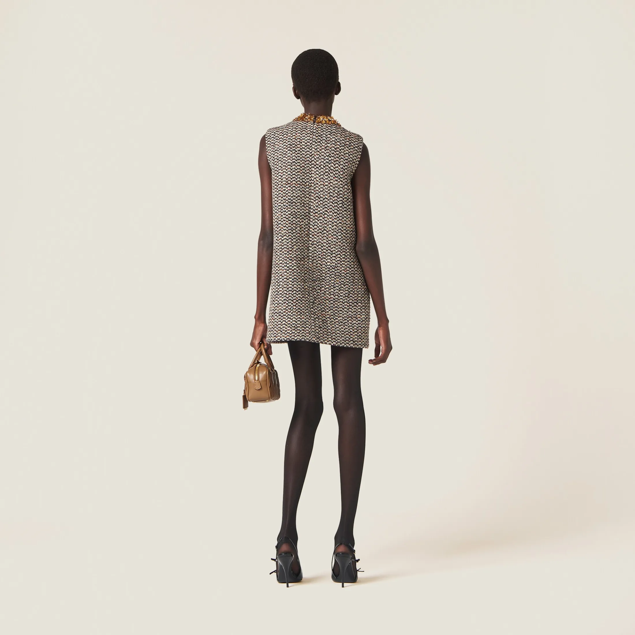 Cocoa Brown Embroidered Bouclé Mini-dress | Miu Miu