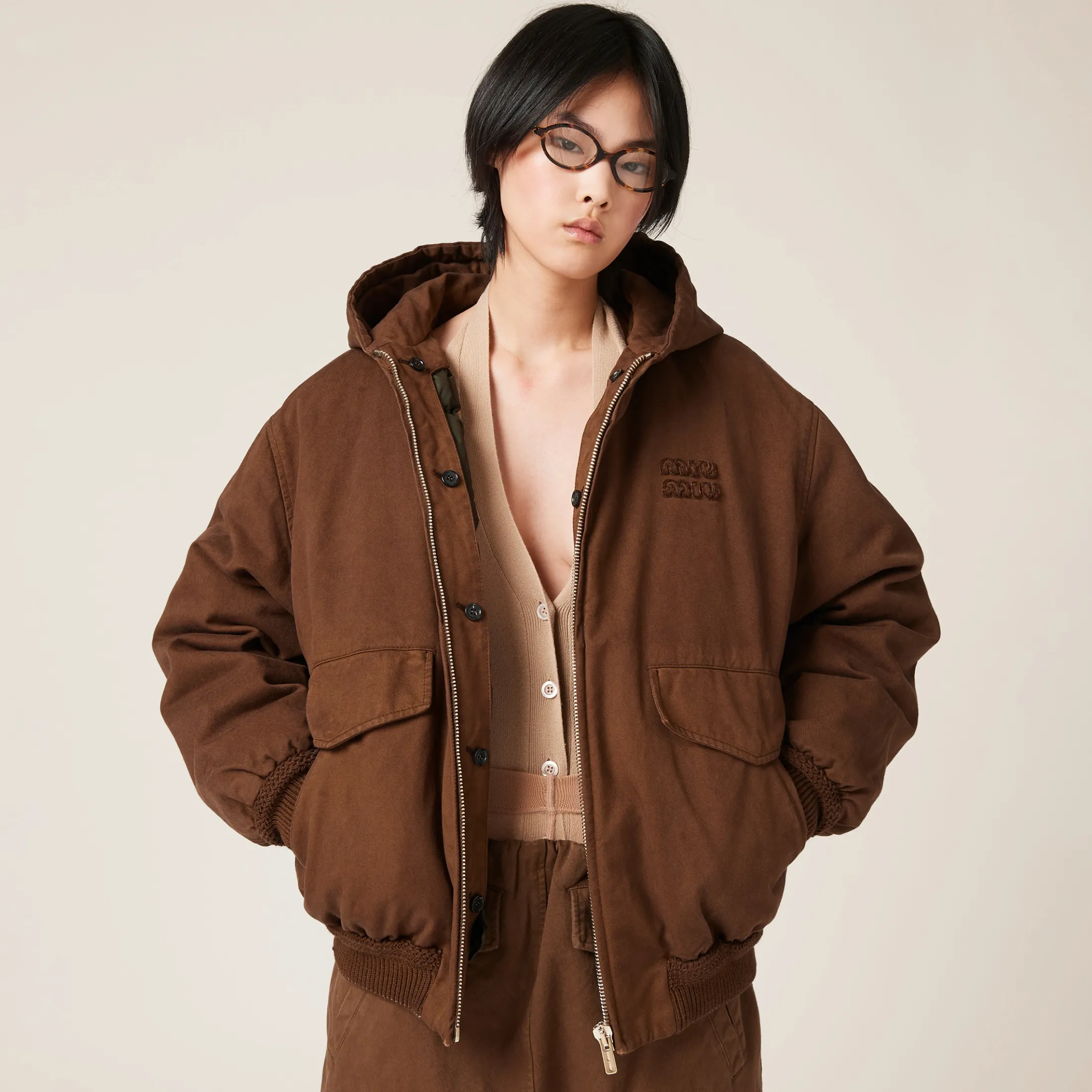 Cocoa Brown Gabardine Down Jacket | Miu Miu