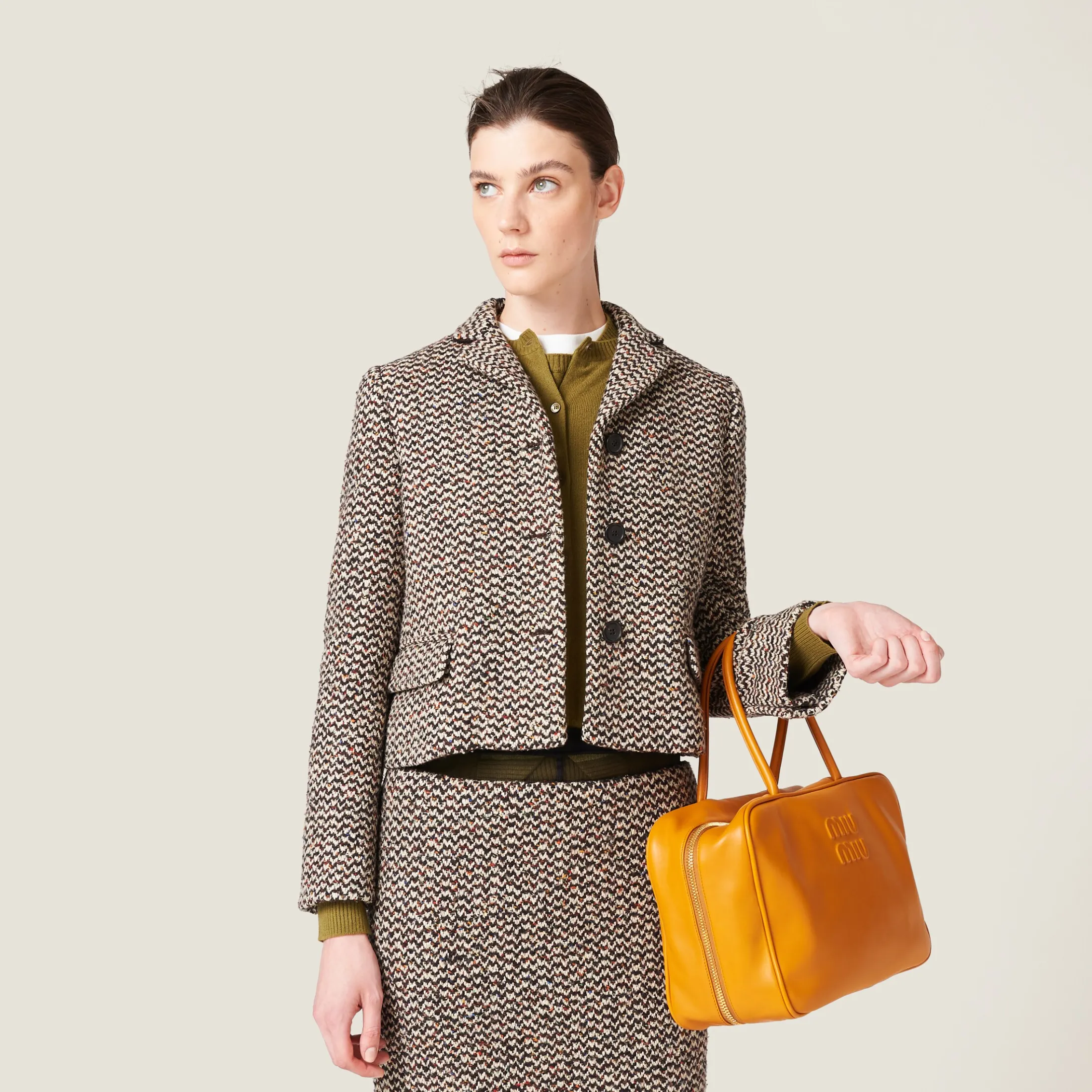 Cocoa Brown Single-breasted Bouclé Jacket | Miu Miu