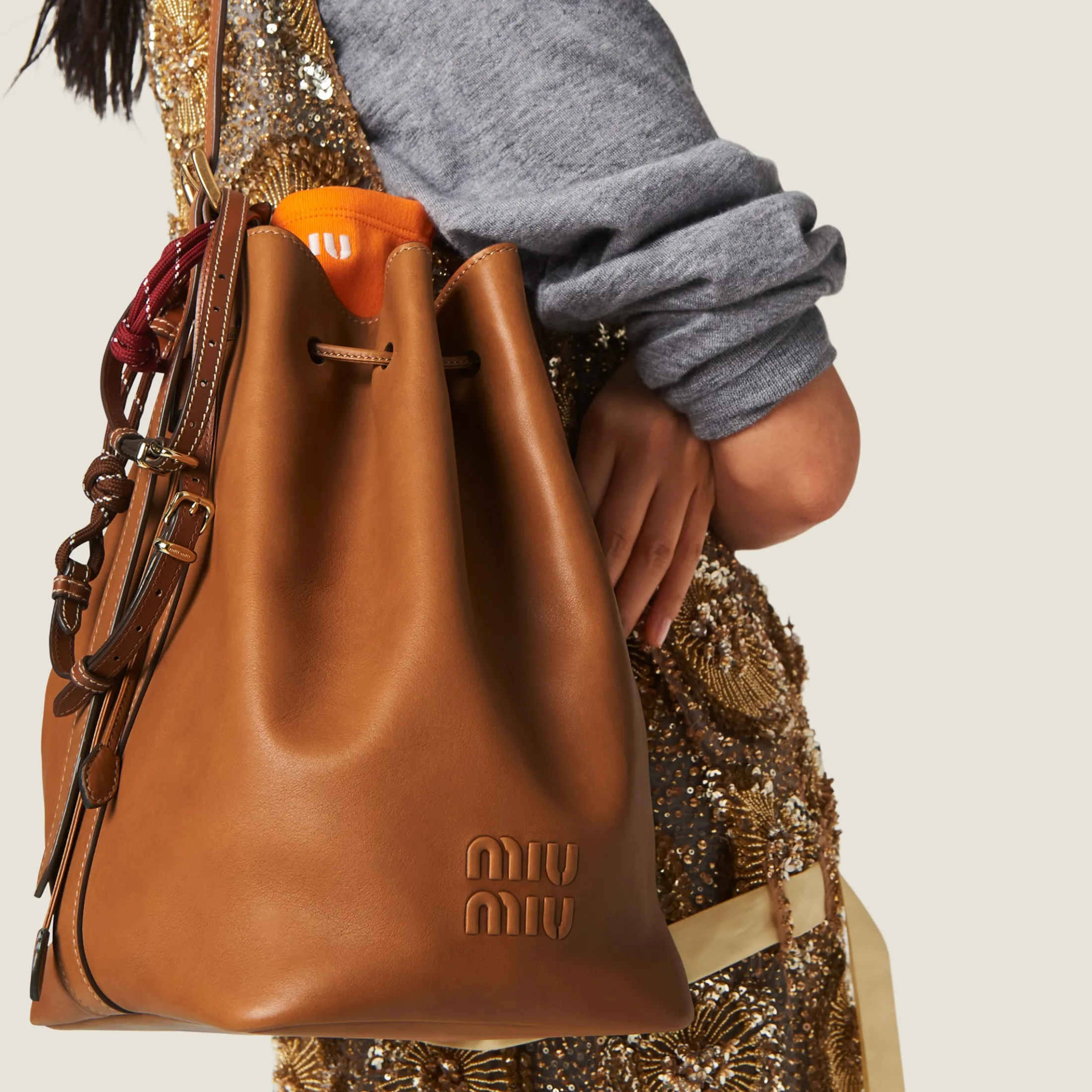 Cognac Leather Bucket Bag | Miu Miu