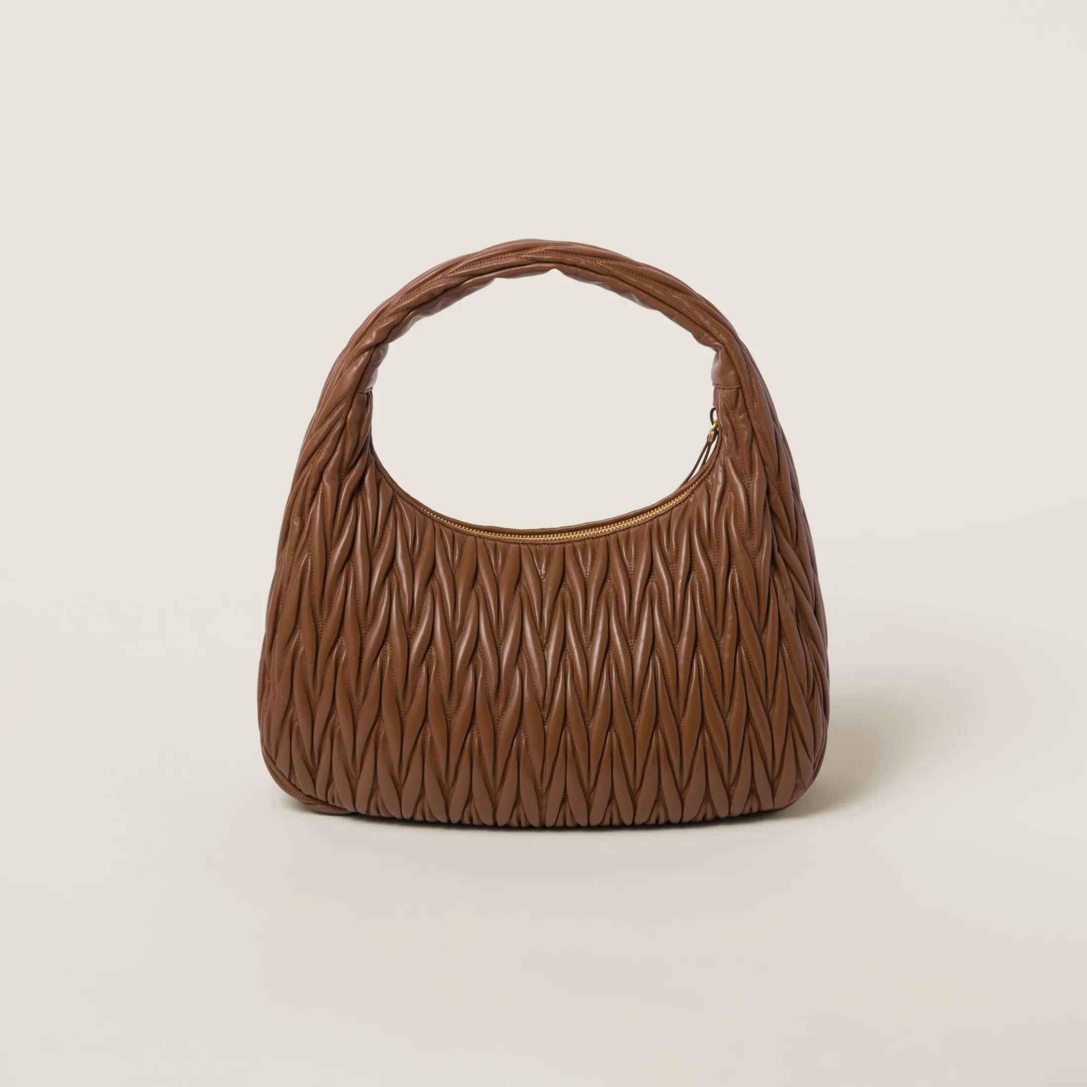 Cognac Wander Matelassé Nappa Leather Hobo Bag | Miu Miu