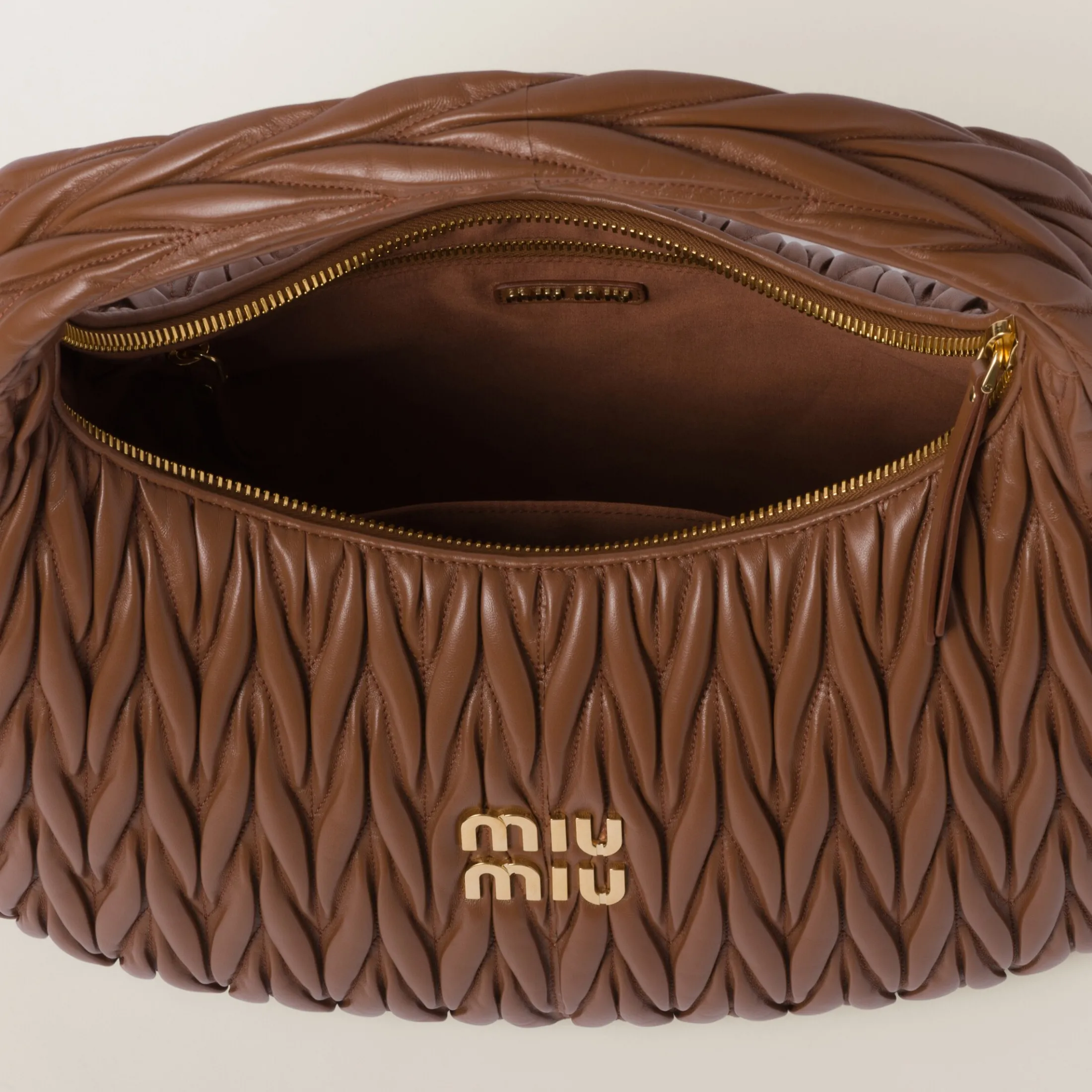 Cognac Wander Matelassé Nappa Leather Hobo Bag | Miu Miu