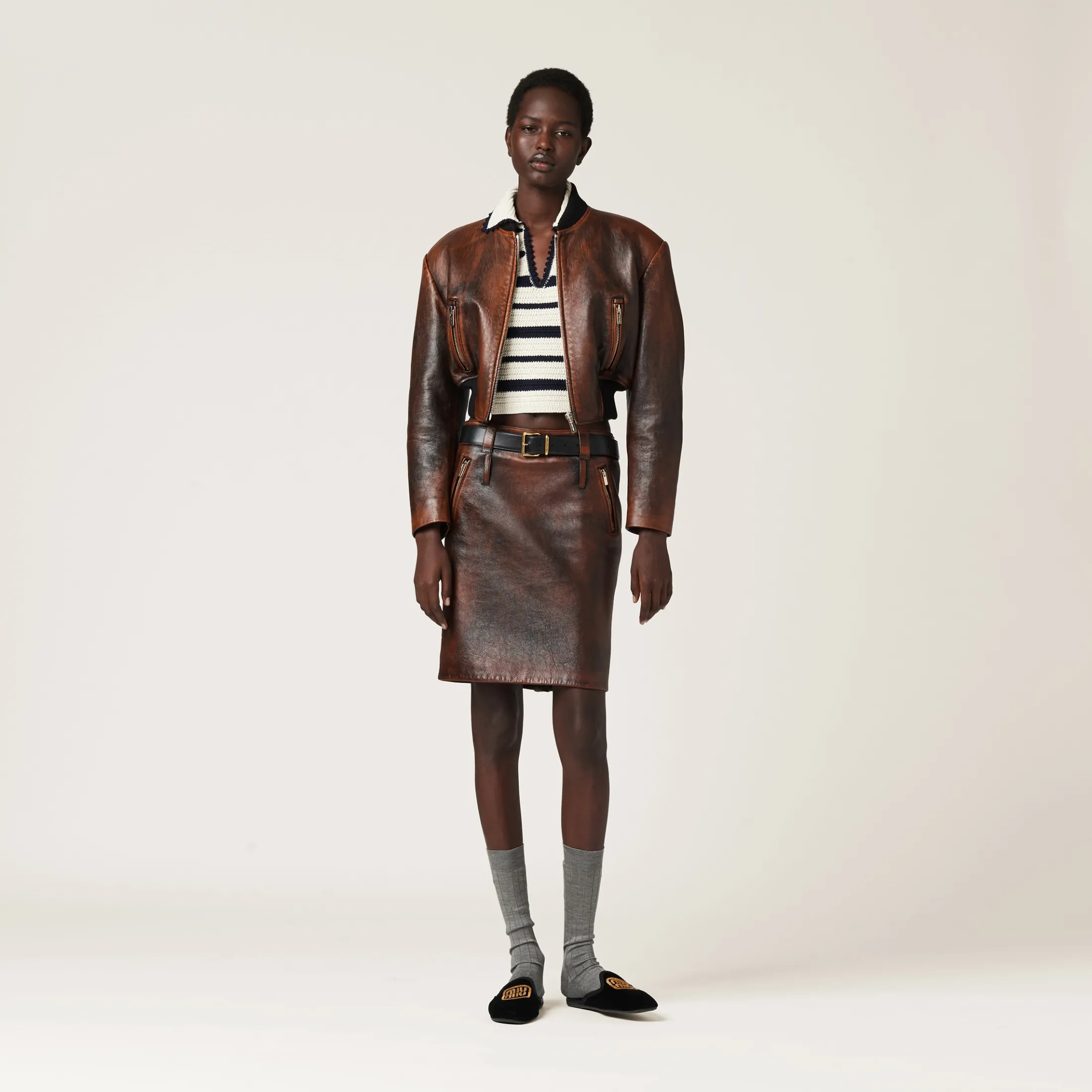 Cognac/black Nappa Leather Skirt | Miu Miu