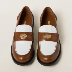 Cognac/white Leather Penny Loafers | Miu Miu