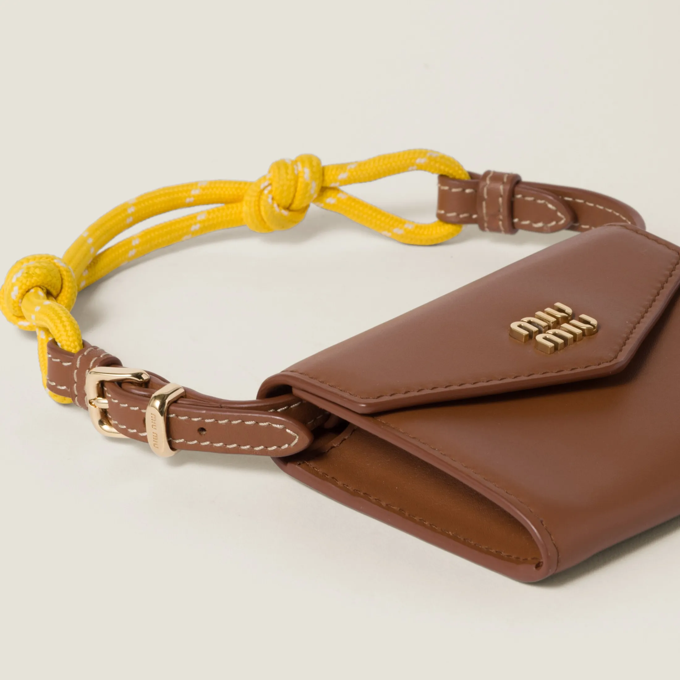 Cognac/yellow Leather Wallet With Leather And Cord Shoulder Strap | Miu Miu