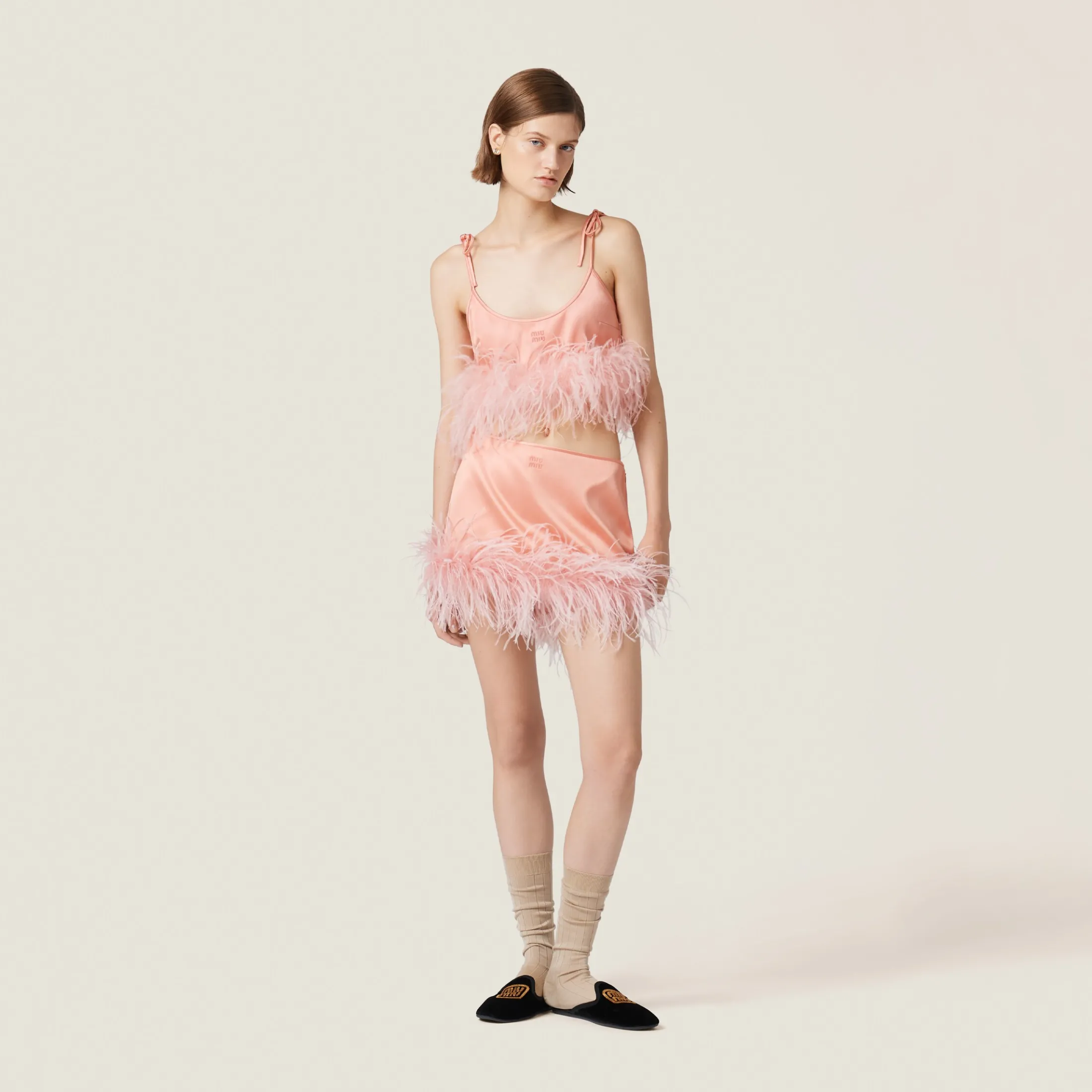 Coral Feather-trimmed Satin Top | Miu Miu