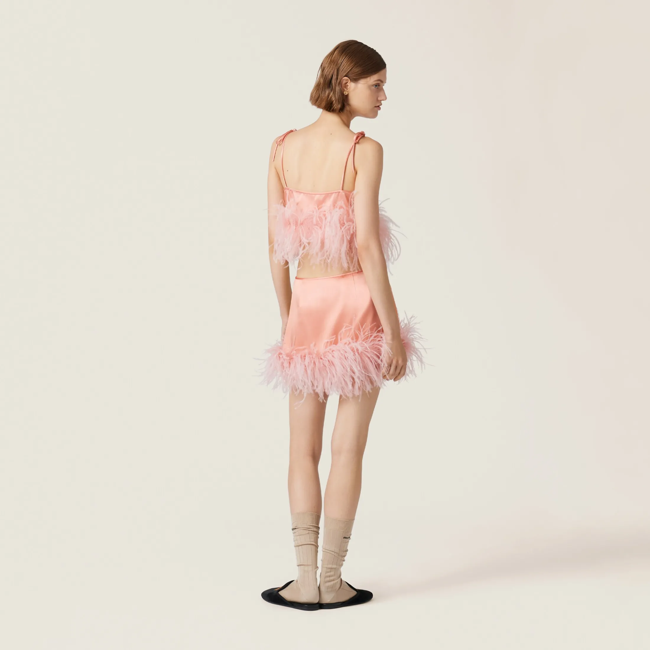 Coral Feather-trimmed Satin Top | Miu Miu